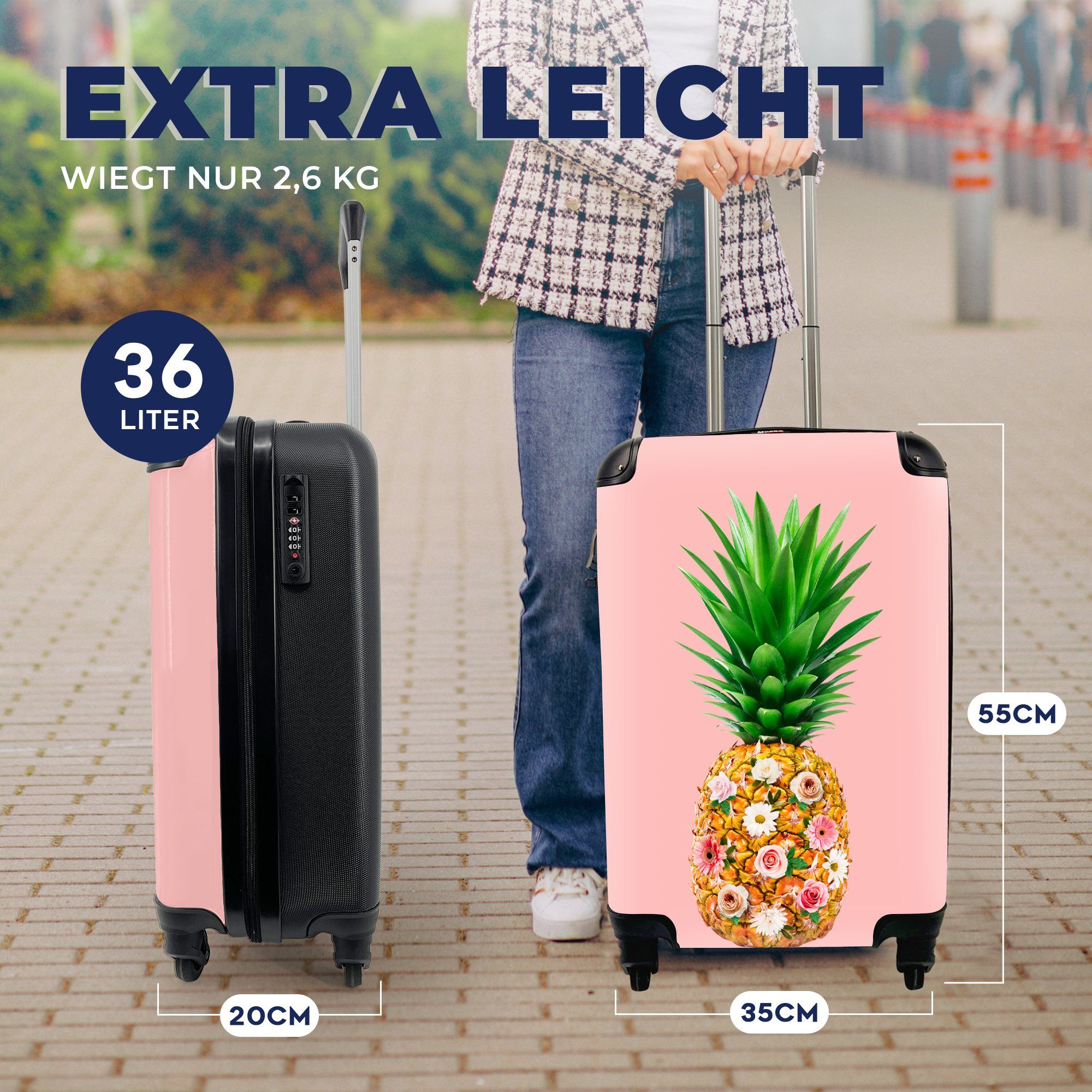 - Handgepäckkoffer 4 Handgepäck Reisekoffer Ferien, Trolley, Ananas Blumen, Reisetasche MuchoWow rollen, - Rollen, Stilleben für mit