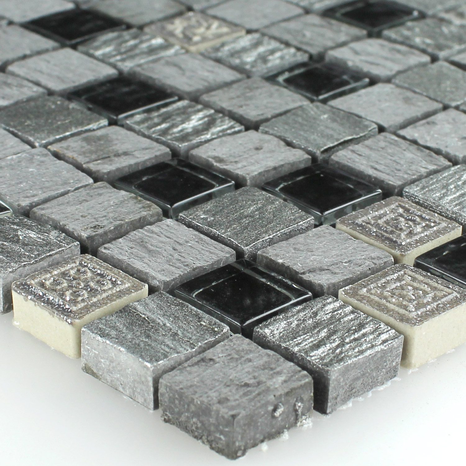 Mosafil Mosaikfliesen Mosaikfliesen Glas Naturstein Silber Schwarz, Naturstein-Resin-Glas 30.000x30.000, schwarz-grau-silber, Wasserfest