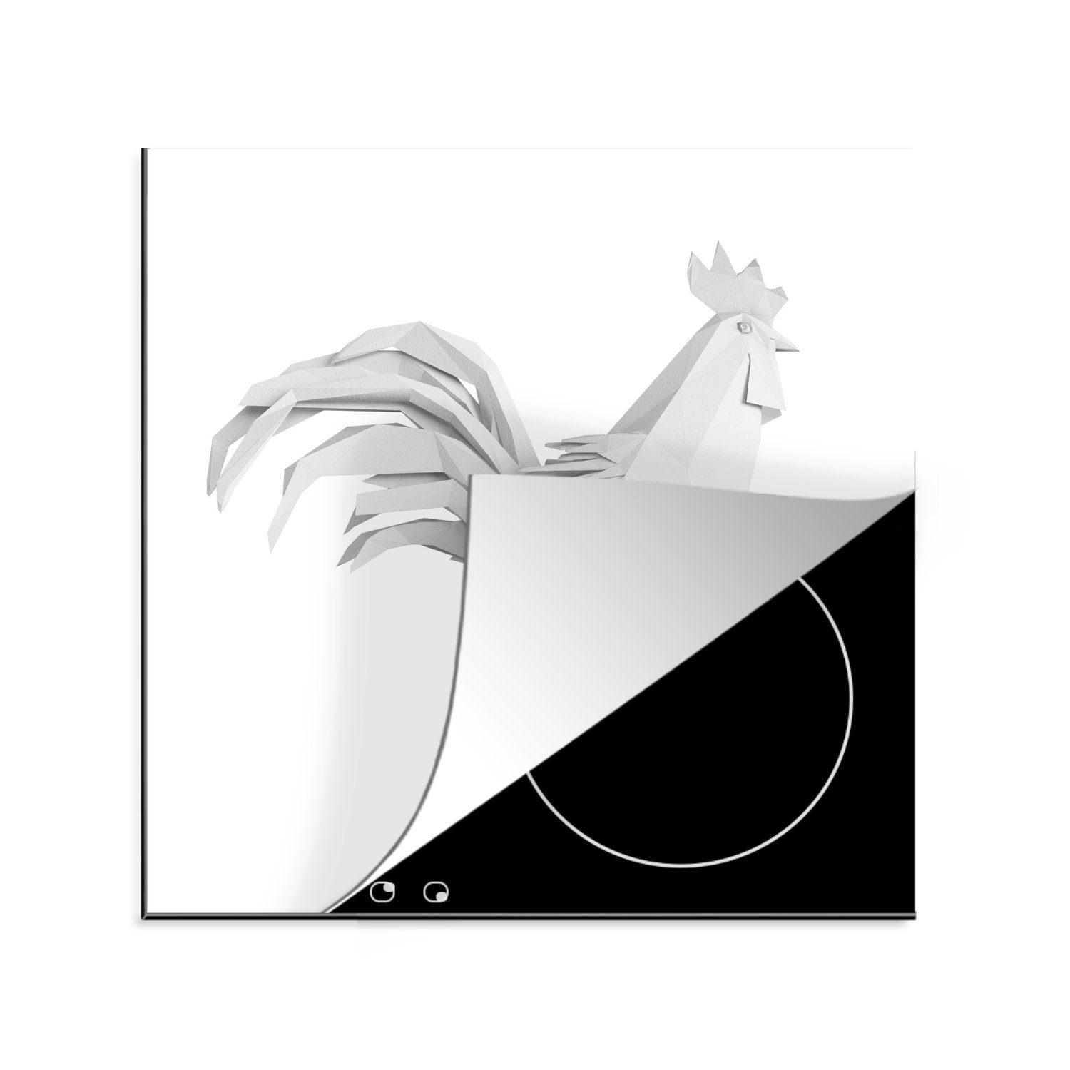 MuchoWow Herdblende-/Abdeckplatte Eine Illustration eines in Origami gefalteten Hahns, Vinyl, (1 tlg), 78x78 cm, Ceranfeldabdeckung, Arbeitsplatte für küche