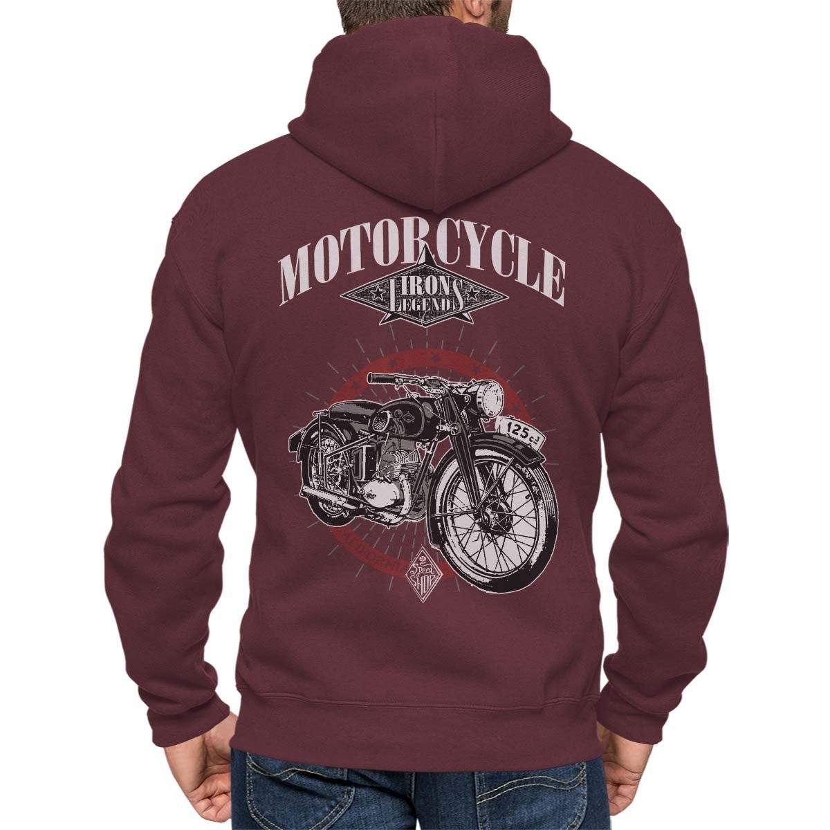 Rebel On Wheels Kapuzensweatjacke Kapuzenjacke Zip Hoodie Iron Legend mit Motorrad / Biker Motiv Dunkel Rot