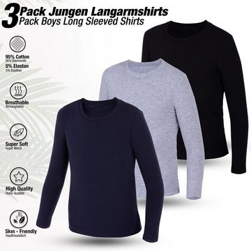 LOREZA Langarmshirt 3er Set Jungen Langarmshirts - Basics - Mehrfarbig (Set, 3-tlg)