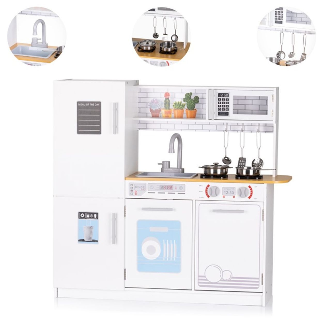 Chipolino Spielküche Holzkinderküche 80cm LED-Licht Holz, Töpfe Waschmaschine Mikrowelle Spüle