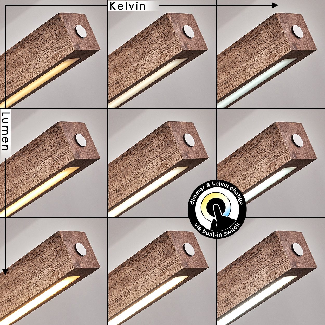 hofstein Pendelleuchte dimmbare Hängelampe aus Metall/Holz/Kunststoff in Schwarz/Dunkelbraun, LED wechselbar, 3000-6000 Kelvin, skandinavisches Design, Touchdimmer, LED 24 Watt, 2550 Lumen