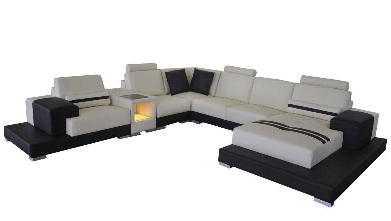 JVmoebel Ecksofa Ledersofa Couch Wohnlandschaft Eck Garnitur Modern Sofa U-Form USB Weiß/Schwarz