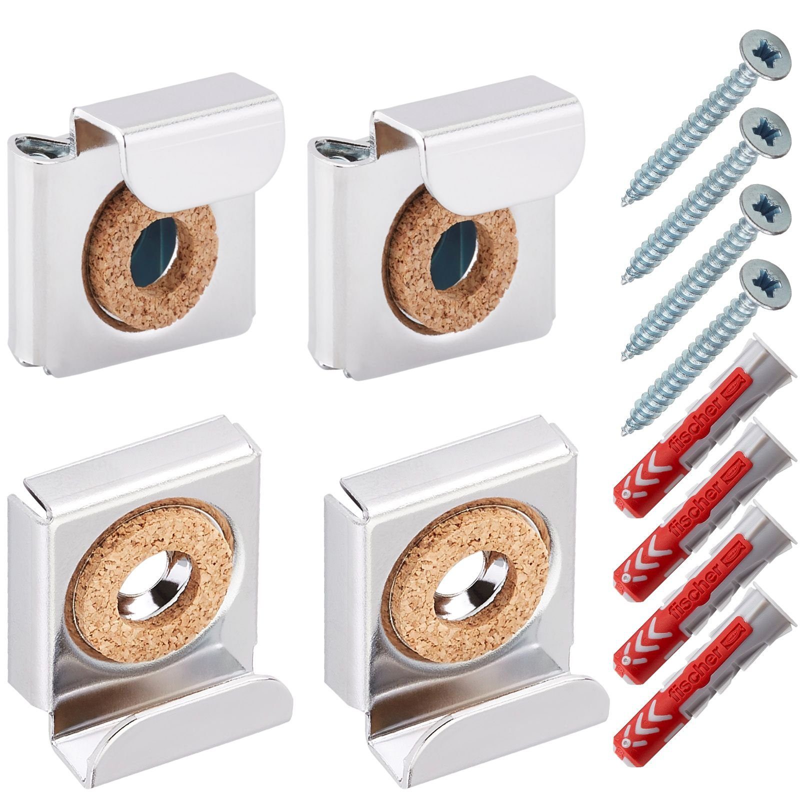 SO-TECH® Klemmen Spiegelklammern - Spiegel bis 6 mm Materialstärke, bis 15 kg, Wandabstand 9 mm, 1 Set inkl. Schrauben und FISCHER-Dübel