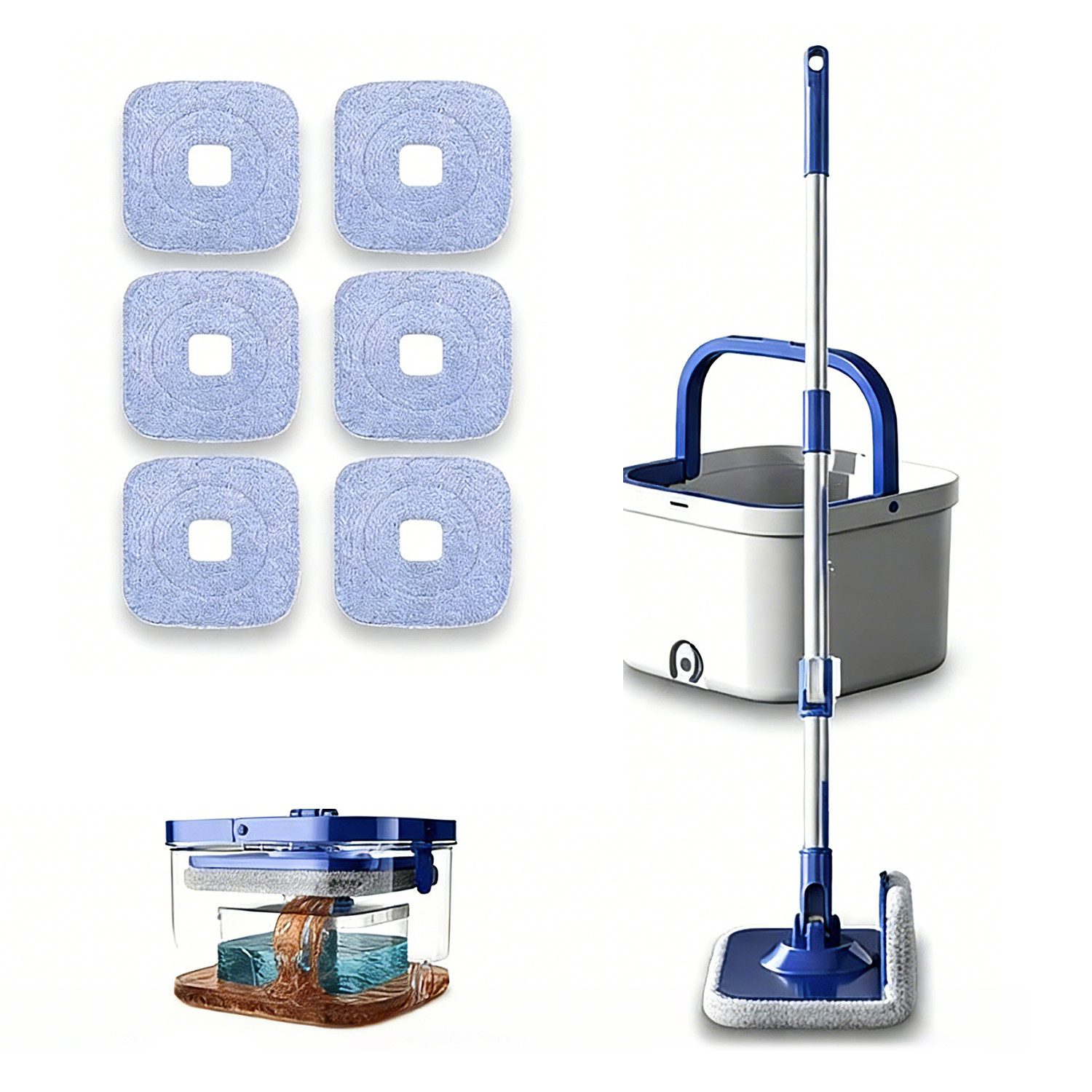 HEYHIPPO Wischmopp-Set Rotationsmopp-Set mit 2-Kammer-Eimer &6 Mikrofaserpads,Stiel 109–130cm, (Spin Mop Set mit Eimer, Faltbarer Quadrat-Mopp, handfrei, für schwer erreichbare Ecken), Spin-Mopp mit Schmutz- & Klarwassertrennung – inkl. Teleskopstiel
