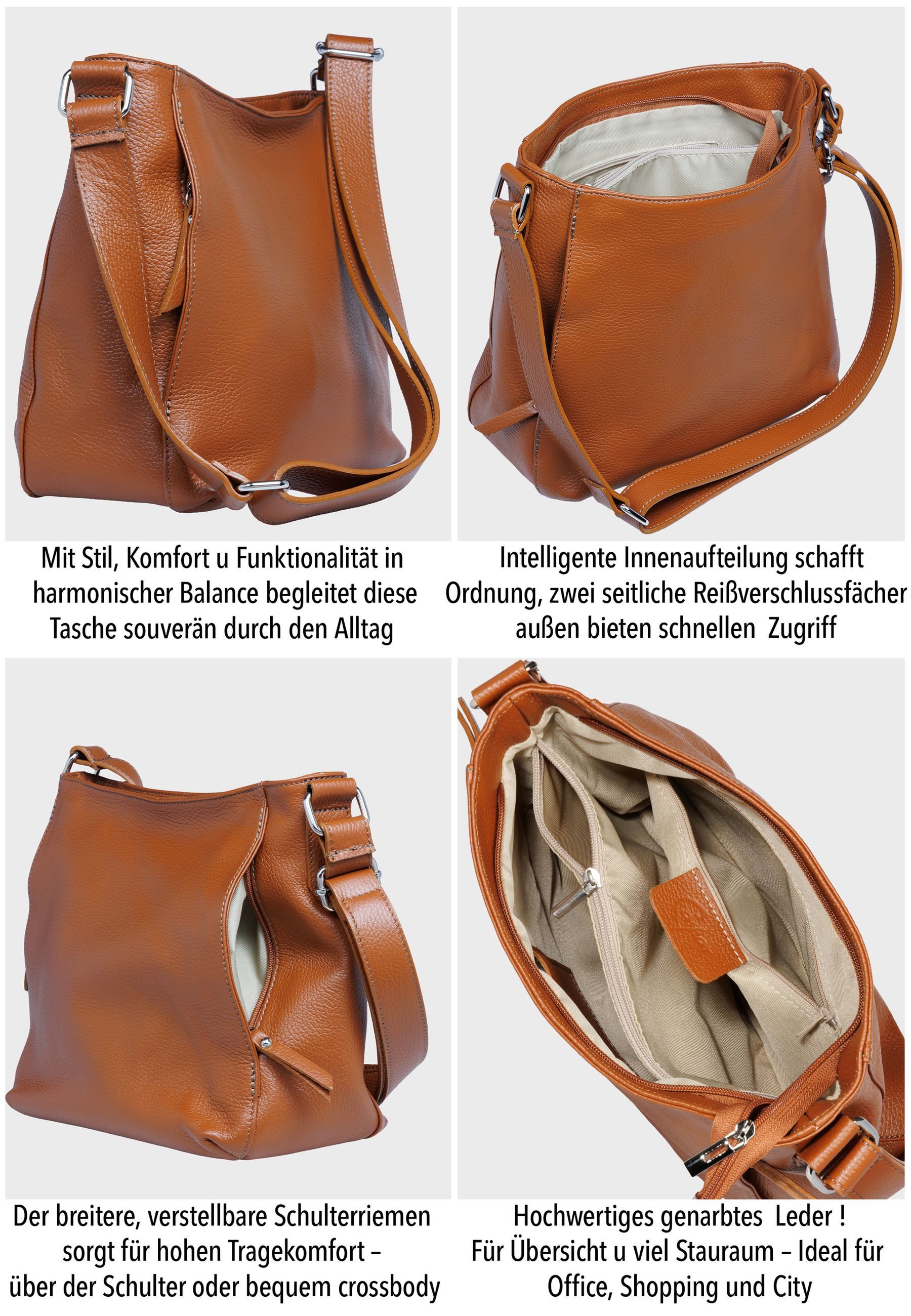 Caspar Schultertasche Klasissche Damen Leder Schultertasche - PREMIUM LINE - Modell No.865, elegant, robust & unempfindlich - 100% Echtleder - Handmade in Italy