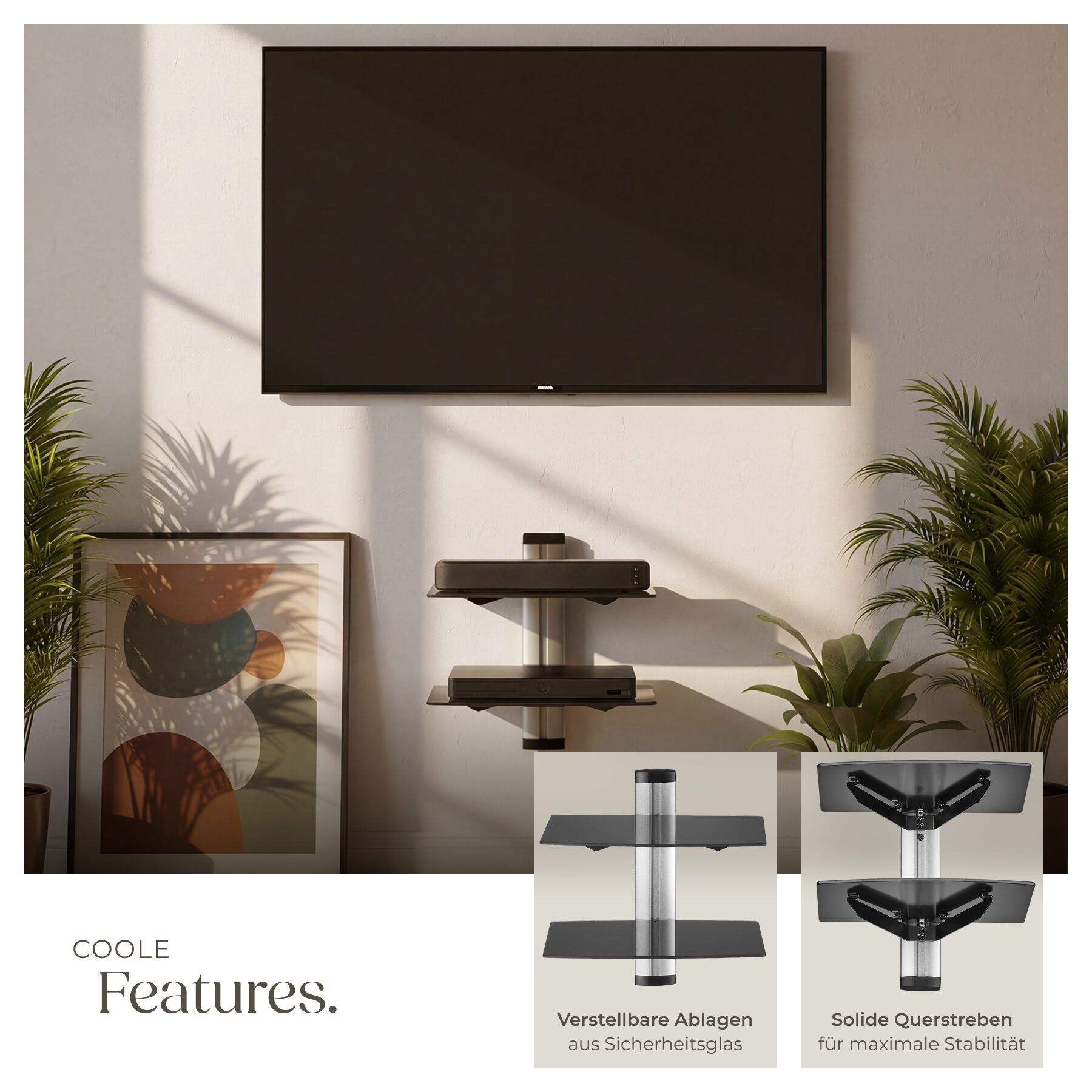 tectake Wandregal Hängeregal mit 2 Ablagen für DVD-Player und Receiver, 44x42x34cm, Set 1-tlg., mit 2 Ablagen