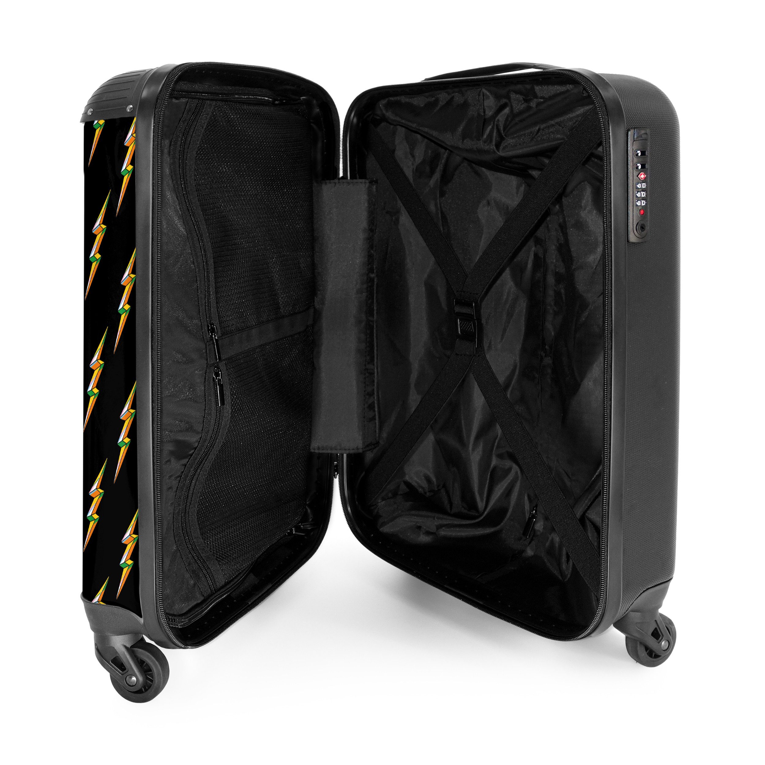 NoBoringSuitcases.com© Hartschalen-Trolley Schwarz mit bunten Blitzen 55x35x20cm, 4 Rollen, Reisekoffer mit 4 Rollen, Carry on luggage, Männer