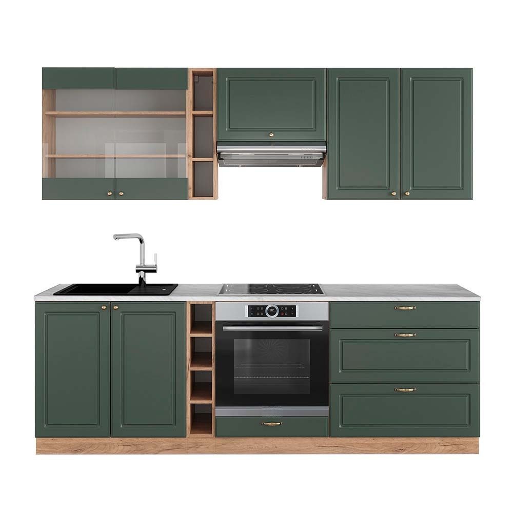 Vicco Küchenzeile Fame-Line, Grün-Gold Landhaus/Goldkraft Eiche, 235 cm, AP Marmor