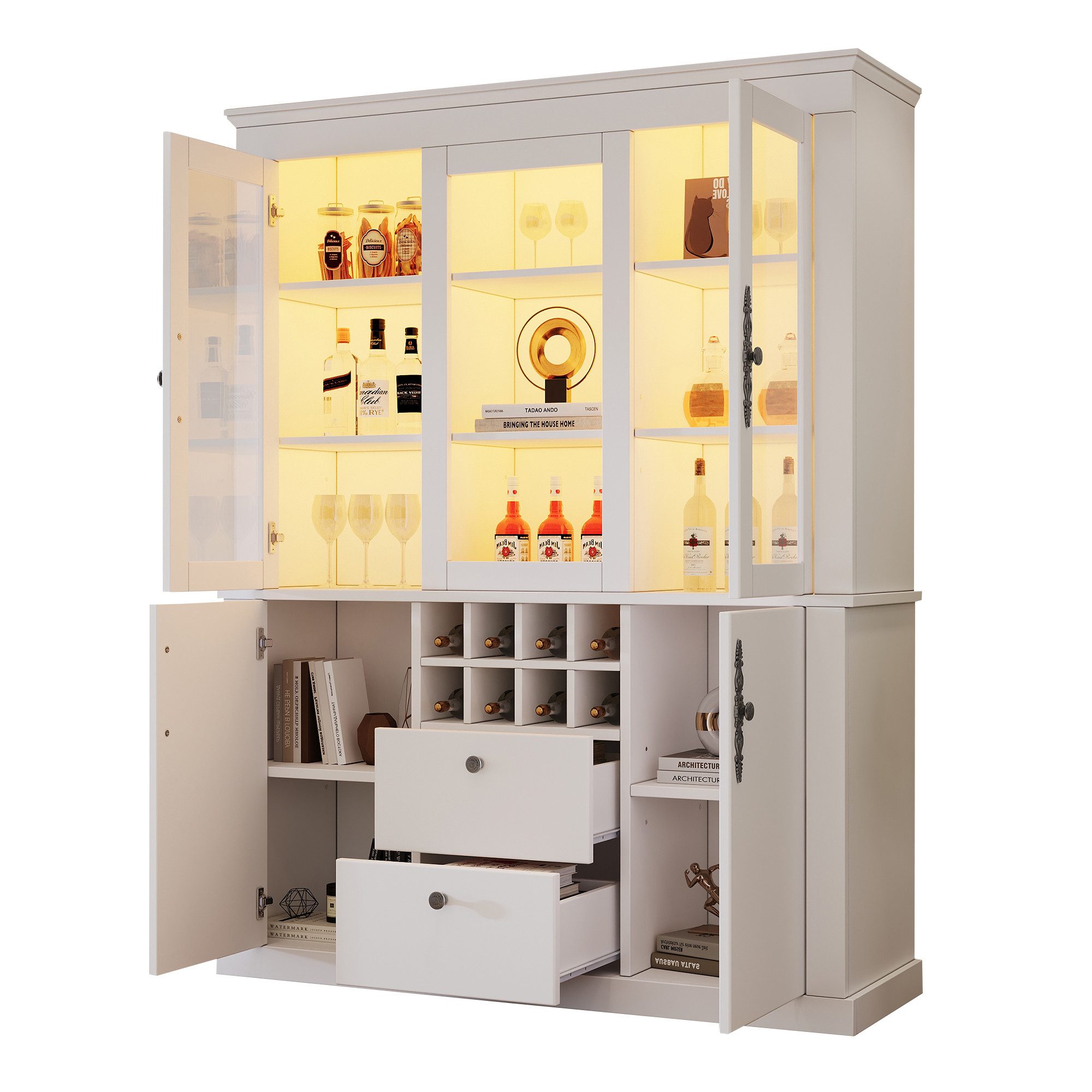 Merax Standvitrine Vitrine mit LED und Weinregal (Standregal Schrank, 1-St) Wohnzimmerschrank mit Glas, 4 Türen & 2 Schubladen, 130x37,5x170,5cm