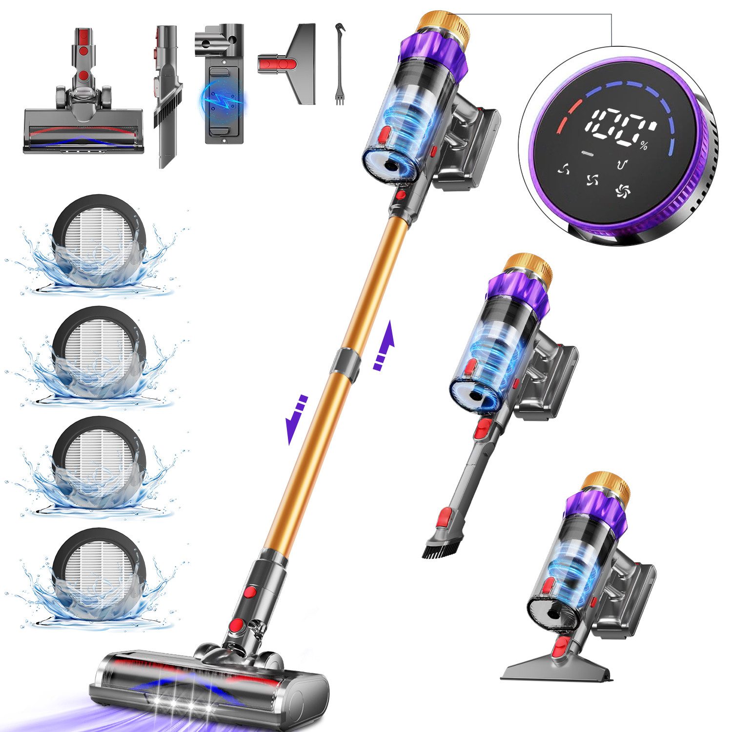 Hiazurm Akku-Hand-und Stielstaubsauger Akku Staubsauger, 80000Pa/70Min/1,8L Kabelloser Staubsauger, Vielseitiger Akkusauger für Teppich, Hartboden, Tierhaare, HEPA*4, Akkustaubsauger LED-Licht Bürste für Teppiche, Mit LED Display