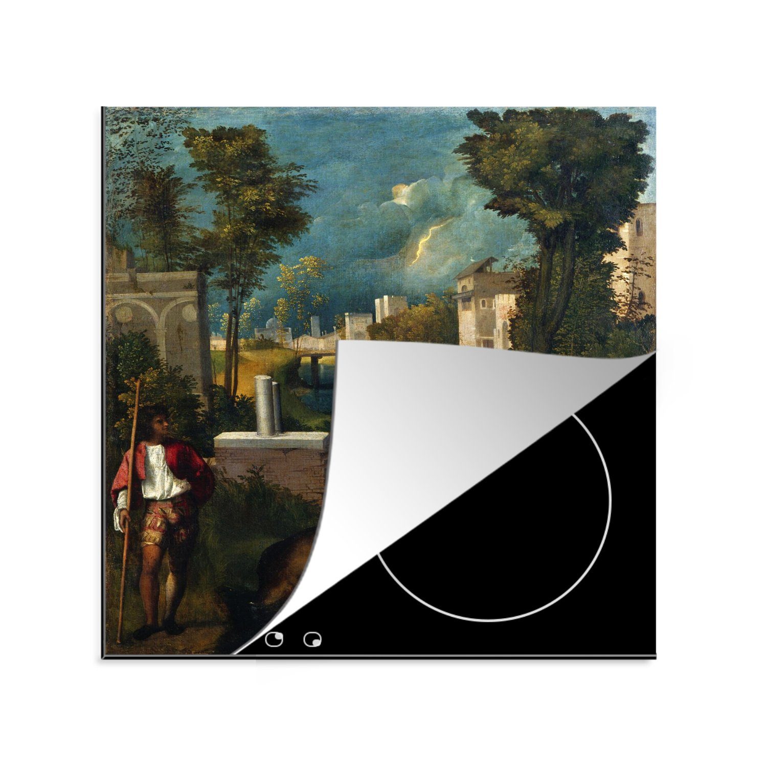 MuchoWow Herdblende-/Abdeckplatte Der Sturm - Gemälde von Giovanni Bellini, Vinyl, (1 tlg), 78x78 cm, Ceranfeldabdeckung, Arbeitsplatte für küche