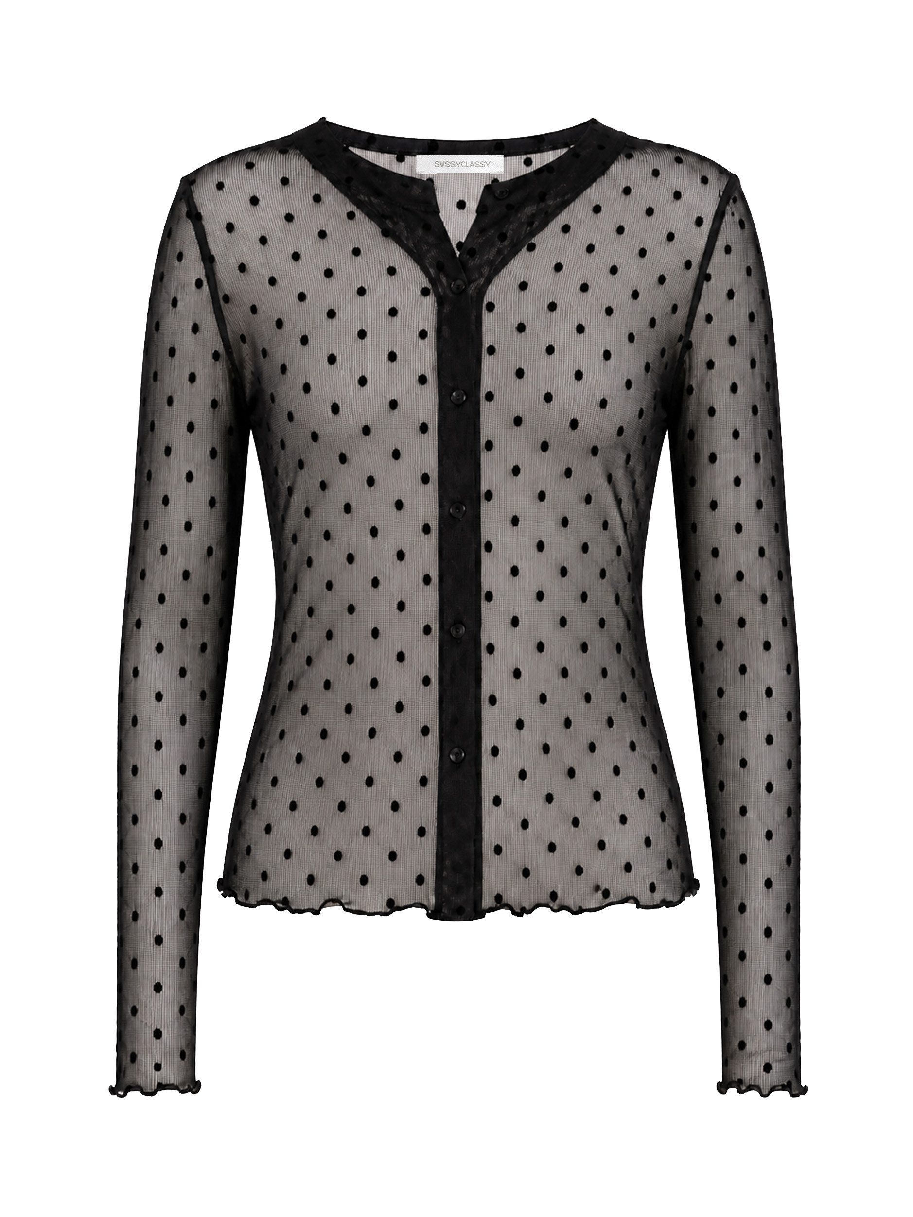 SASSYCLASSY Longshirt Mesh-Bluse mit Punktemuster für Damen Transparentes Langarmshirt mit Knopfleiste und dezentem Stehkragen