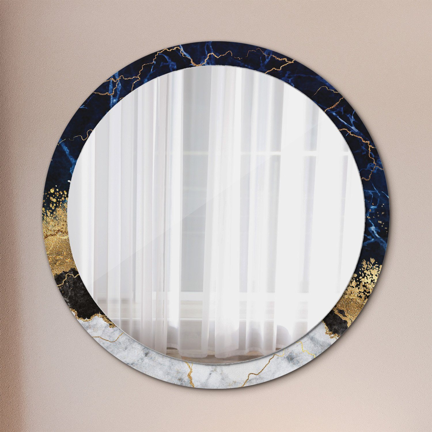 Tulup Wandspiegel Runder Deko Spiegel mit Modernem Aufdruck Rundspiegel Rund: Ø100cm, Runder Spiegel mit Modernem Aufdruck Blau Marmor