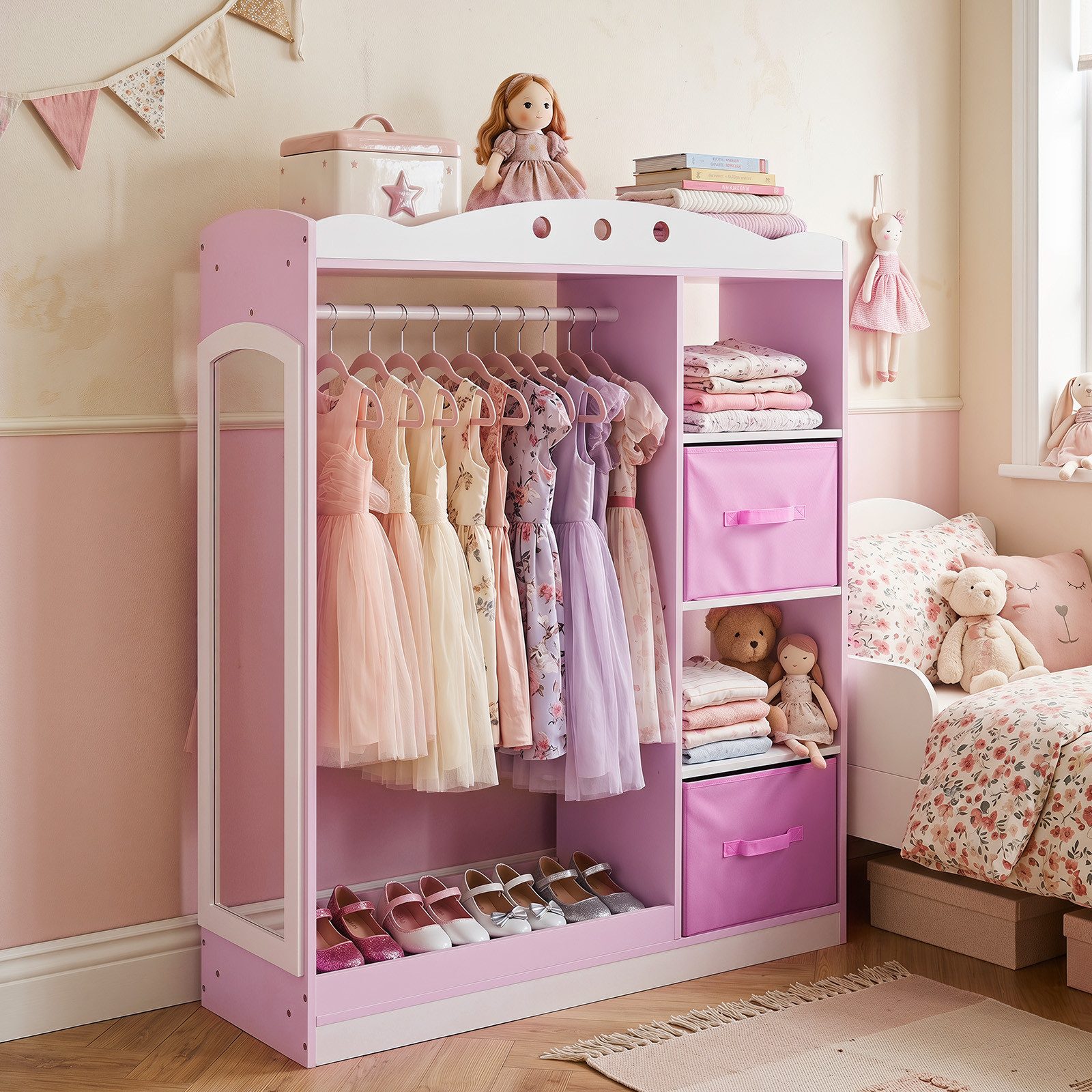COSTWAY Kleiderständer, Kindergarderobe mit Spiegel, Garderobe Prinzessin
