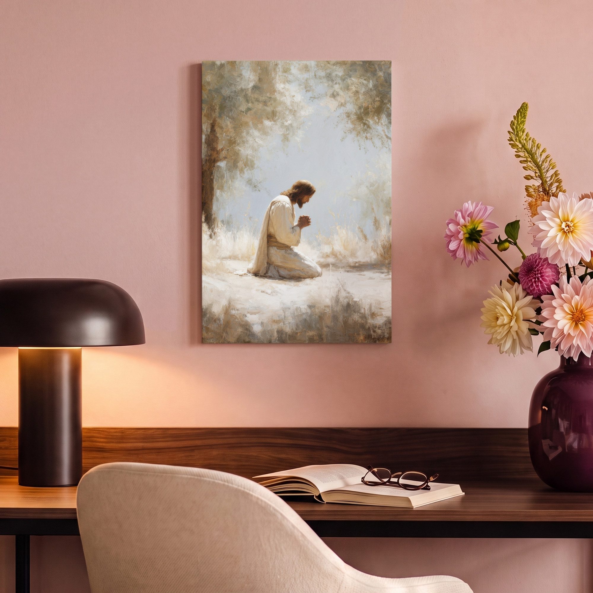 OneMillionCanvasses® Leinwandbild Jesus - Kniend - Waldlandschaft - Betend, Fotodruck (1 St), Leinwand Canvas Wandbild, Wanddekoration 20x30 cm – Bild 4 von 5