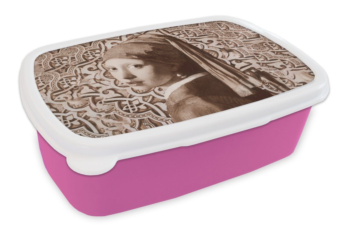 Kunststoff Vermeer Brotbox - Snackbox, mit rosa Mädchen, Brotdose Perlenohrring Kunststoff, - Kinder, Braun, Mädchen Das für (2-tlg), Erwachsene, dem MuchoWow Lunchbox Johannes