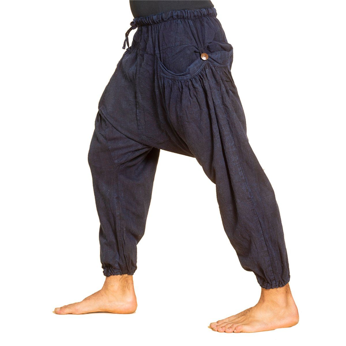 geschnittene 100% Herren mit Taschen im PANASIAM stonewashed Baumwolle Aladin-Style für Chillhose und aus Wellnesshose Freizeithose locker Boho-Hose dunkelblau Damen