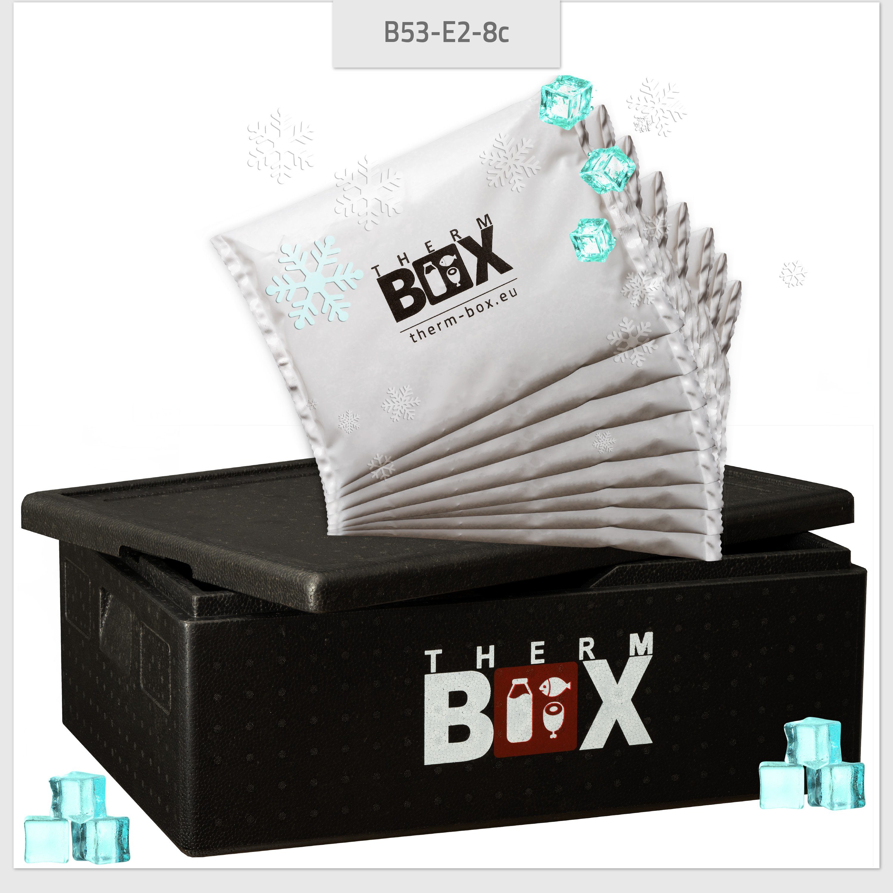 62x42x22cm Styroporbox (0-tlg., Kühlkissen, Kühlakku 53L 8 für mit Transportbox Styropor-Piocelan, Innen Thermbox mit B53 Kühlkissen), THERM-BOX E2 Thermobehälter Kühlbox Kiste