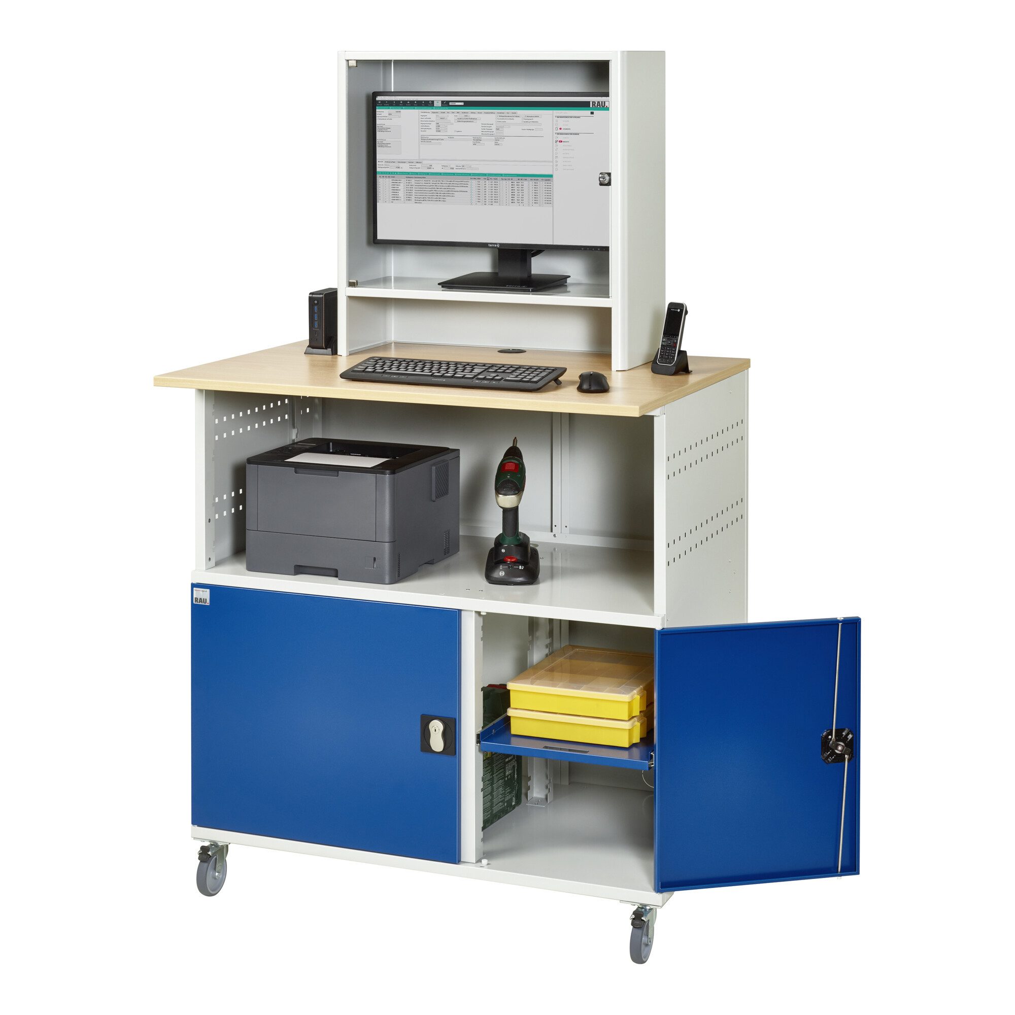 RAU Büromöbel-Set Rau Computer-Tisch mit Monitorengehäuse mobil BxTxH 1100x800x1100/1810