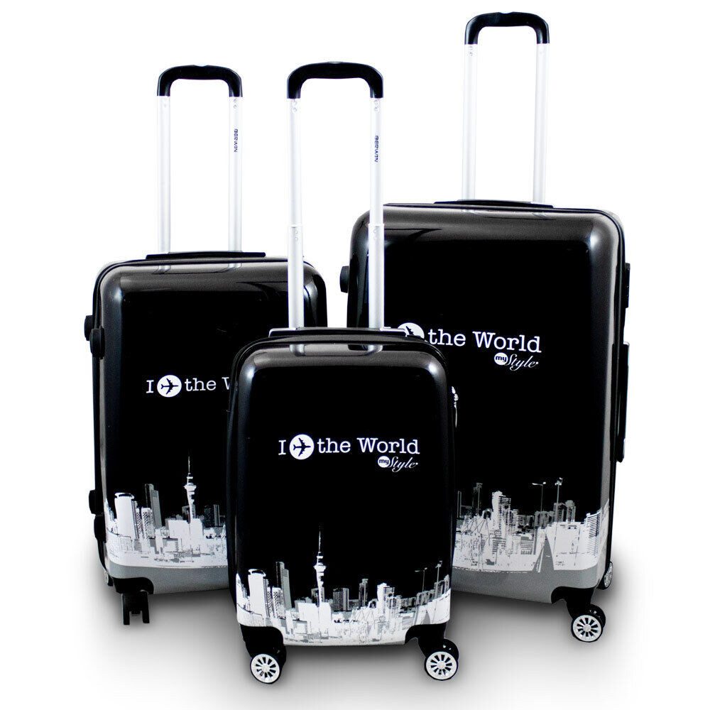 Berwin Trolleyset Design Kofferset 3-teilig - Fly the World Black, 4 Rollen, (Set, 3 tlg., MS-17005)