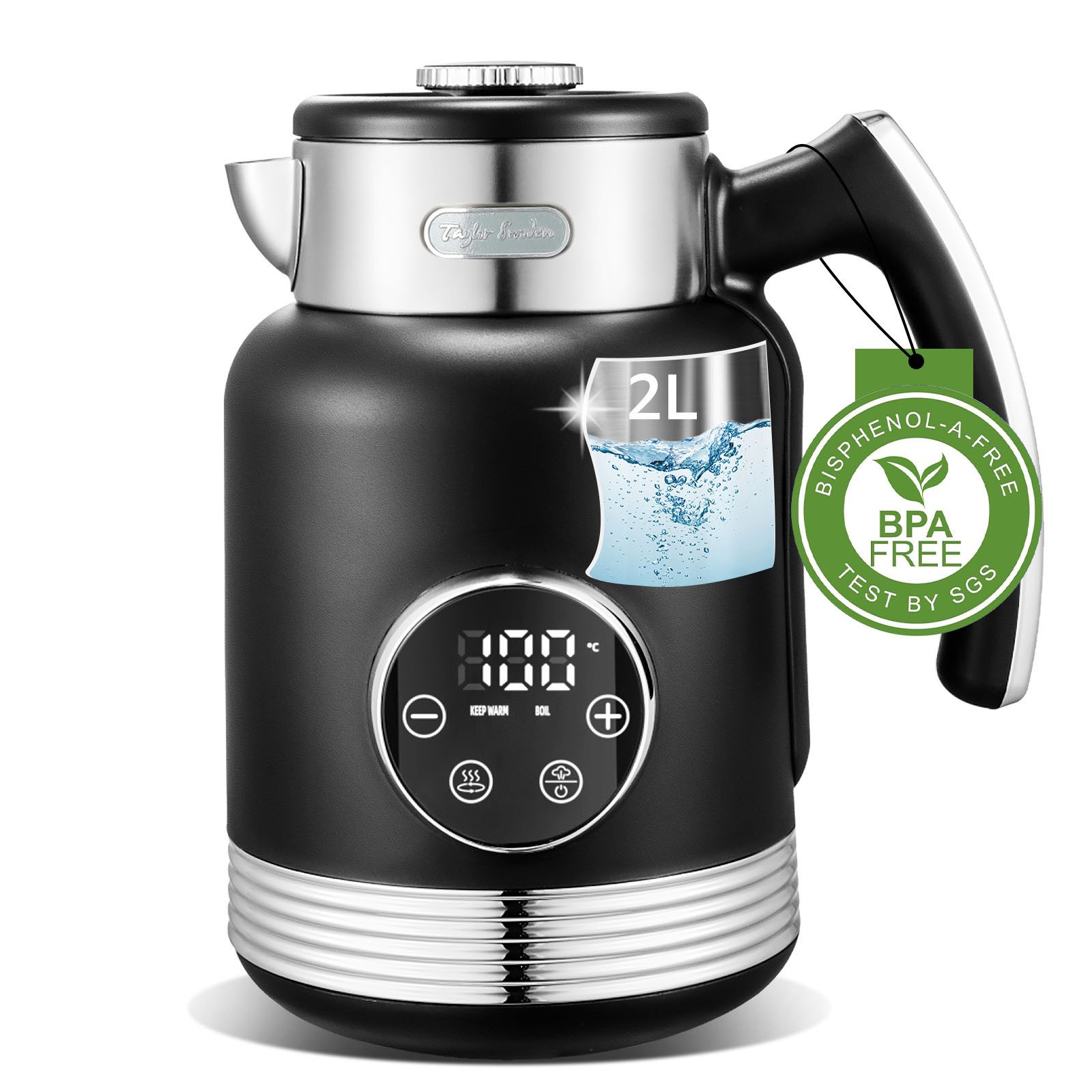 Taylor Swoden Wasserkocher Temperatureinstellung, 2200 W, 1,7 L/2L, Warmhaltefunktion, Edelstahl, 2 l, 2200,00 W, 5 Temperaturstufen, Digitale LED-Anzeige, Automatische Abschaltung