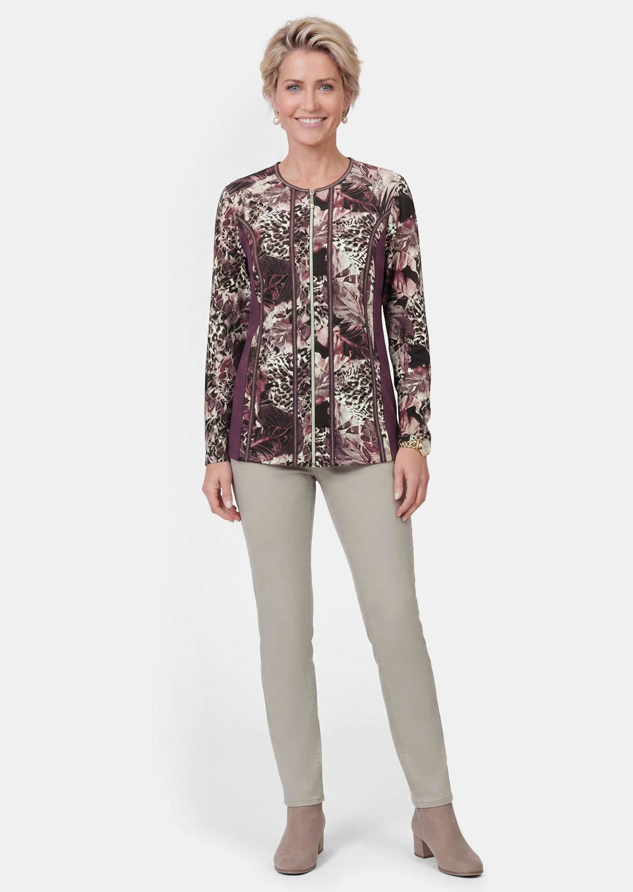 GOLDNER Outdoorjacke Jerseyjacke mit Reißverschluss Taillierte Shirtjacke mit Blumen und Leopardenmuster