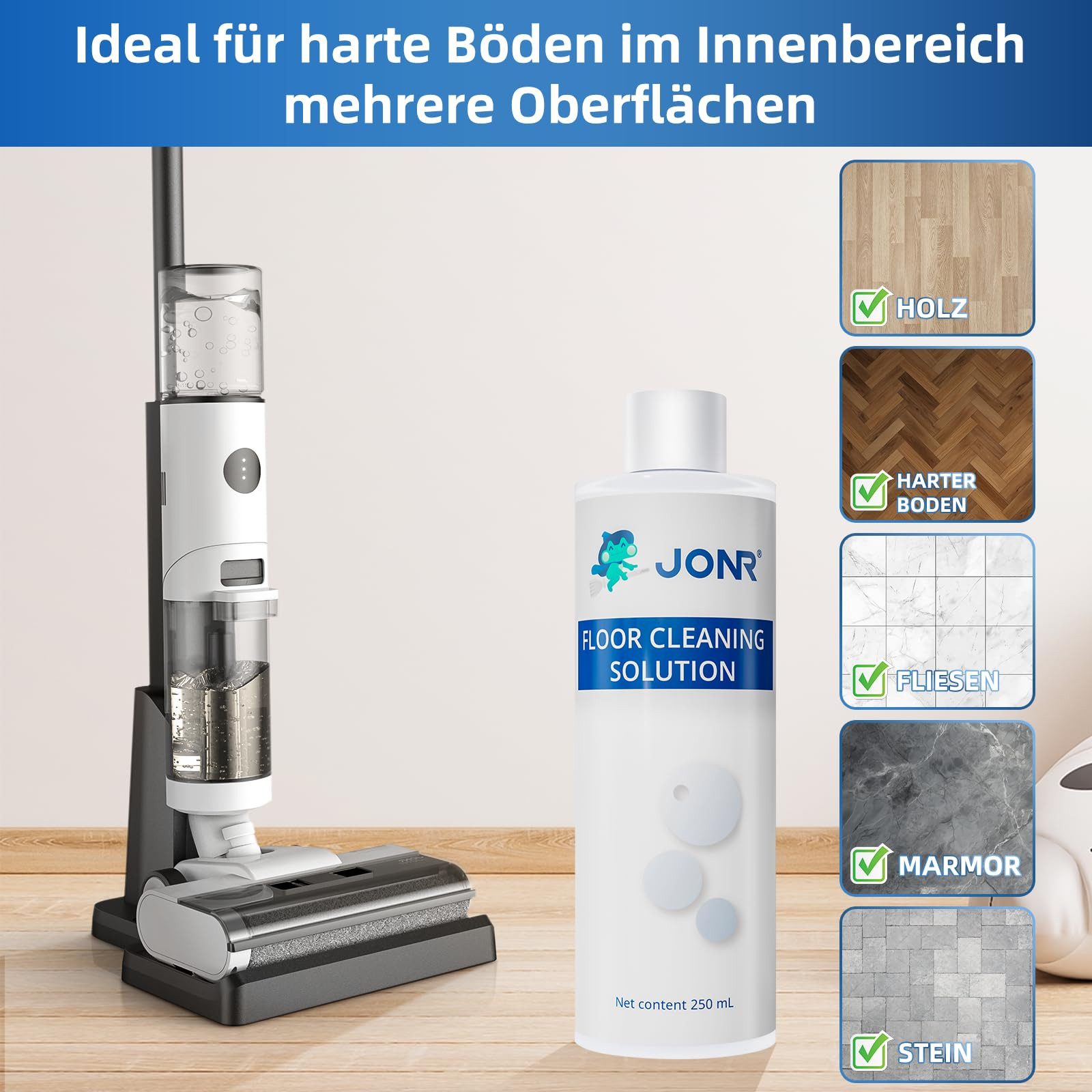 JONR Hartbodenreiniger Multi-Surface Bodenreiniger für JONR Nass Trockensauger, für JONR Nass Trockensauger ED12, ED12 Lite, ED12 Pro, ED12 Pro Max, ED20 Pro, S20 Pro, T5/P20 Pro, 250ML, Das empfohlene Verdünnungsverhältnis beträgt 1:30
