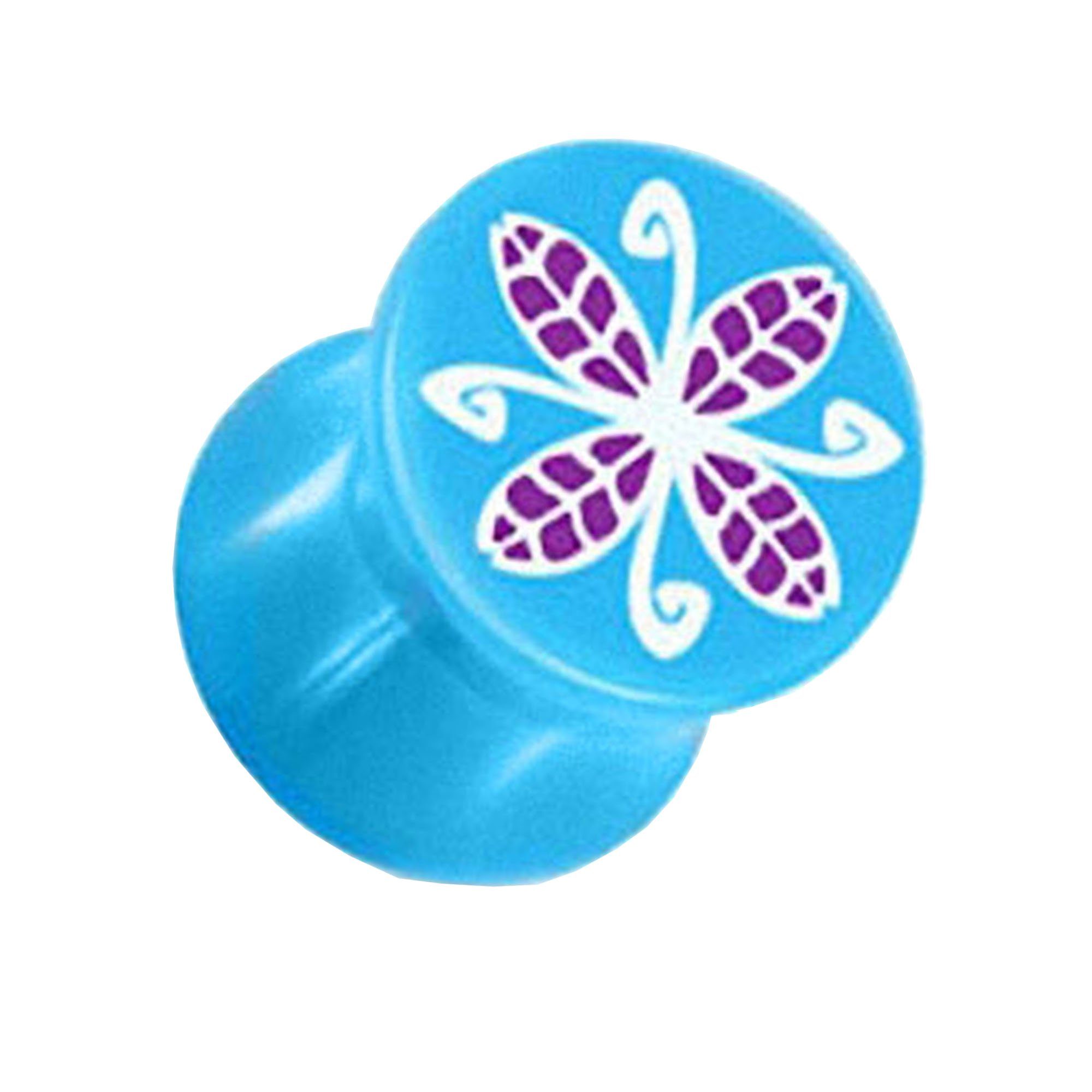 Taffstyle Plug Ohrpiercing Saddle Kunststoff UV bunte Blumen, Ohr Plug Flesh Tunnel Piercing Ohrpiercing Saddle Kunststoff UV bunte Blau