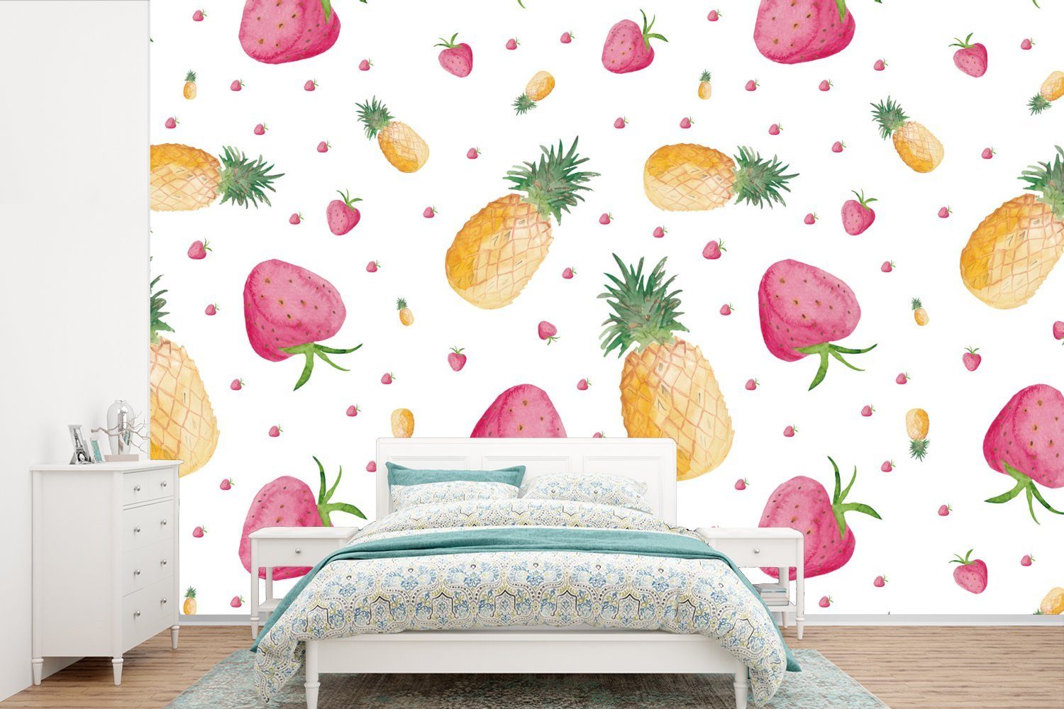 MuchoWow Fototapete Ananas - Erdbeeren - Schablonen, Matt, bedruckt, (6 St), Wallpaper für Wohnzimmer, Schlafzimmer, Kinderzimmer, Vinyl Tapete