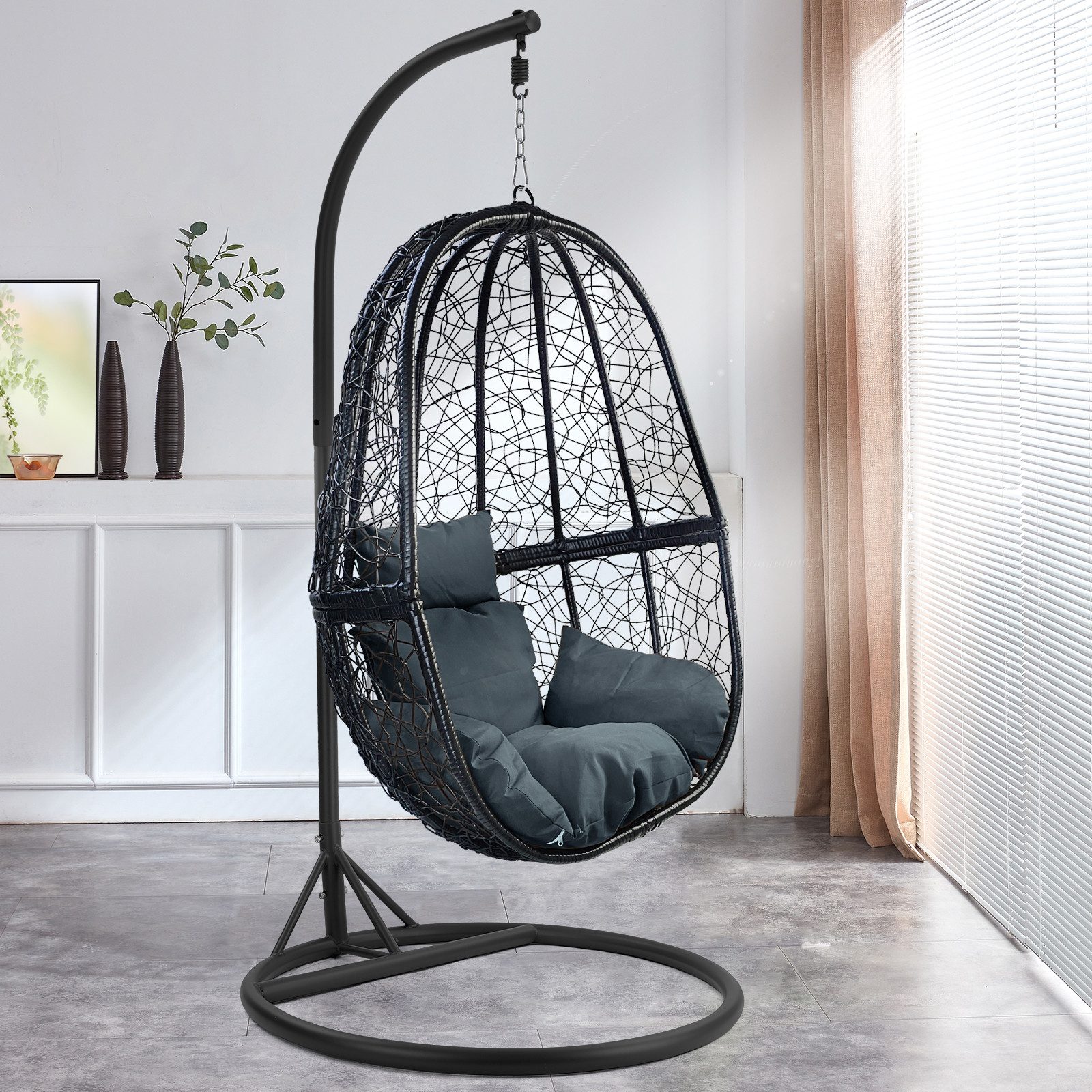 RAMROXX Hängesessel Luxus FUN XL Gestell Schwarz mit Korb Schwarz und Kisse günstig online kaufen