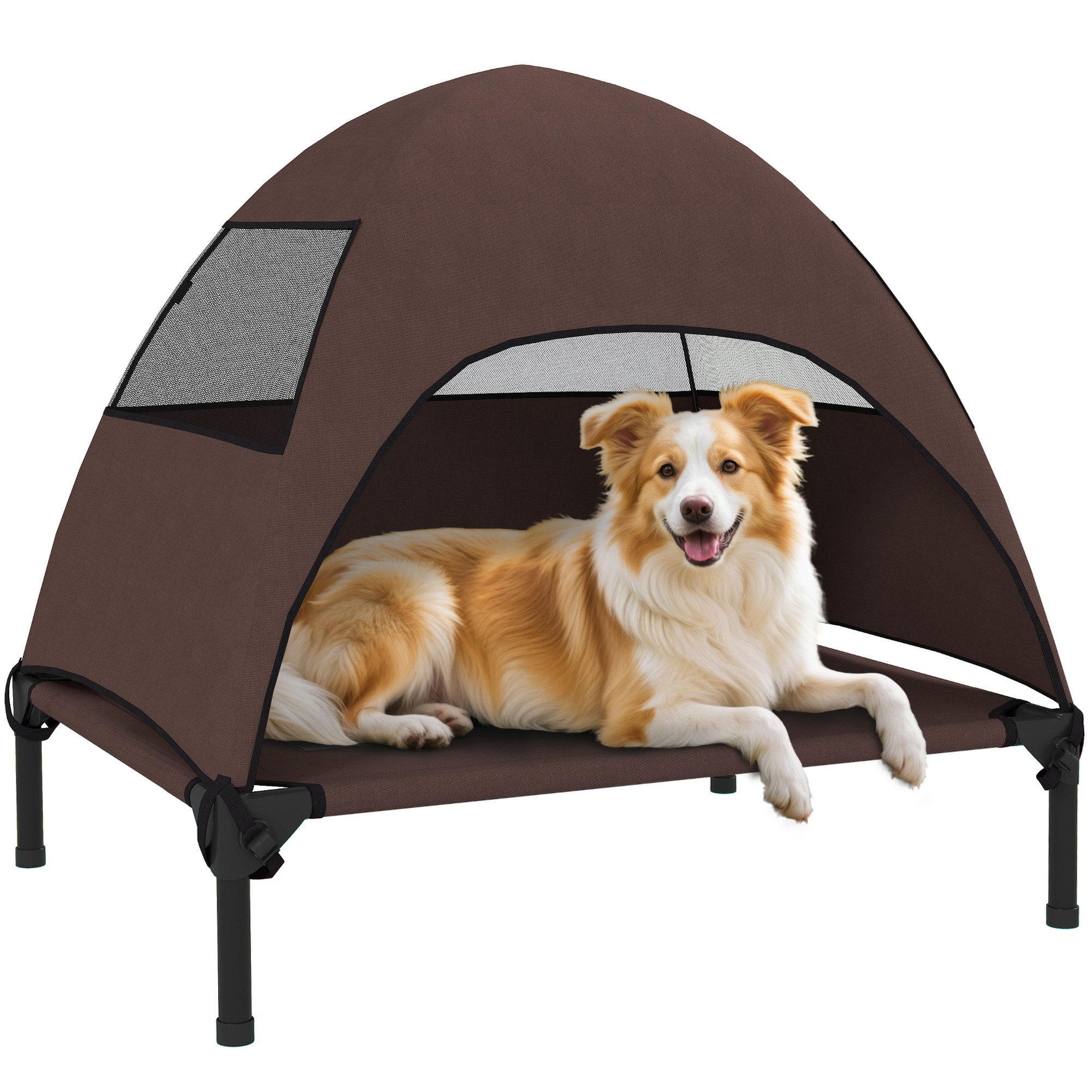 PawHut Tierbett Hundeliege Outdoor mit Dach, Erhöhtes Hundebett, Polyester, Für große Hunde, für Draußen Camping 91x76x90cm, Kaffee – Bild 2 von 5