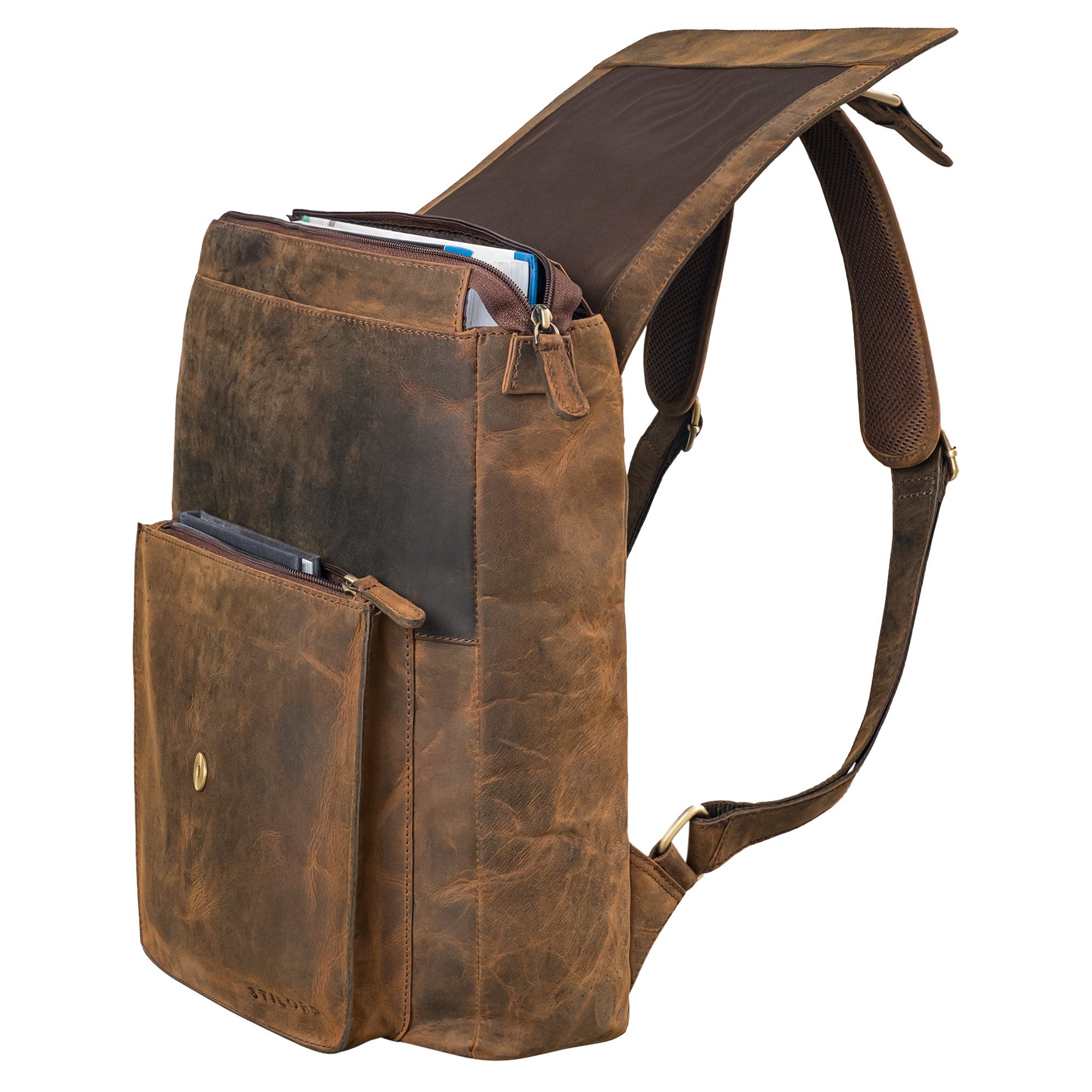 STILORD Notebookrucksack "Debbie" Großer Vintage Lederrucksack Damen mit Laptopfach 15.6 Zoll