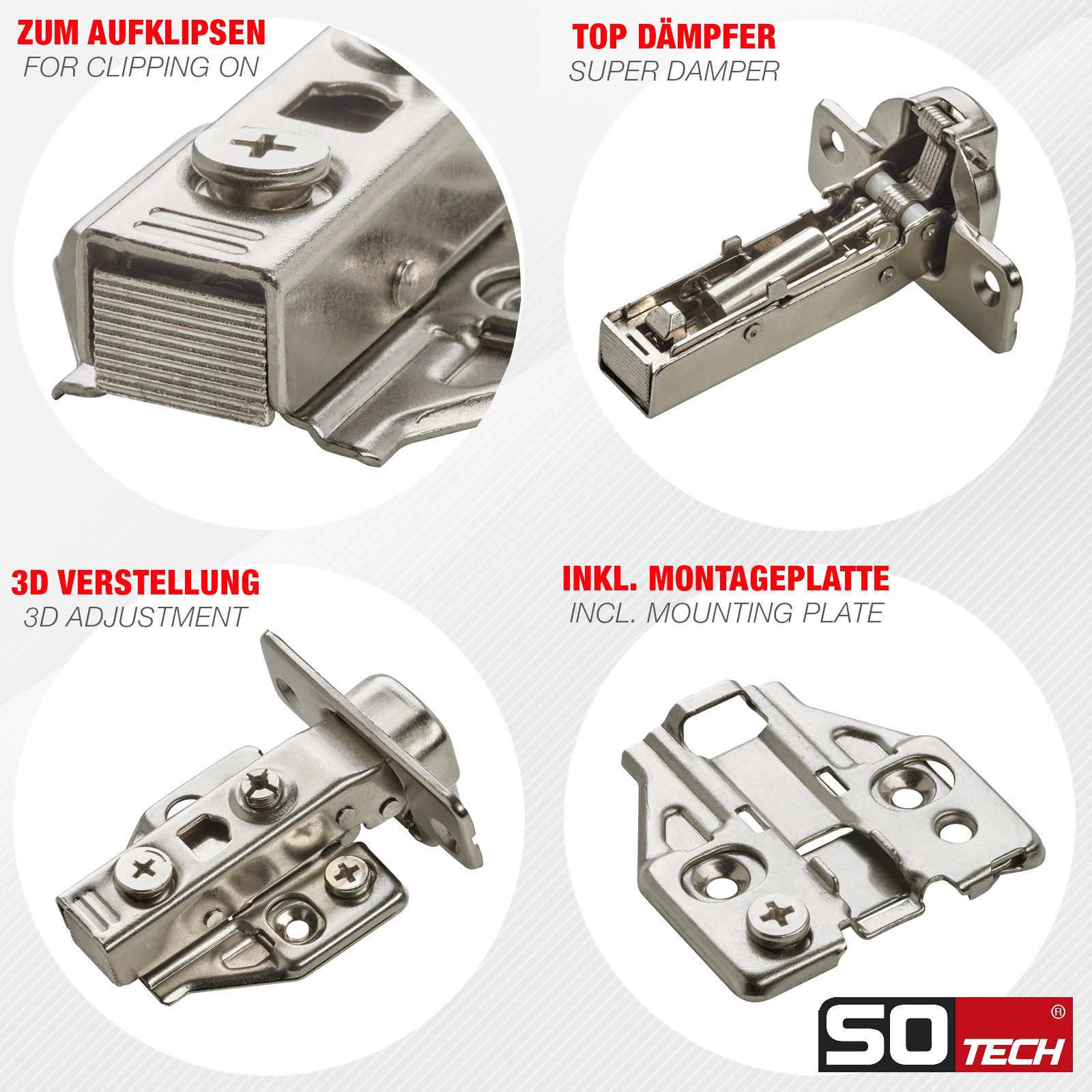 SO-TECH® Möbelbeschlag Topfband T48 110° inkl. Kreuzplatte mit Exzenterverstellung (2 St), Eckanschlag mit Dämpfer (Schließautomatik), werkzeuglose Topfmontage