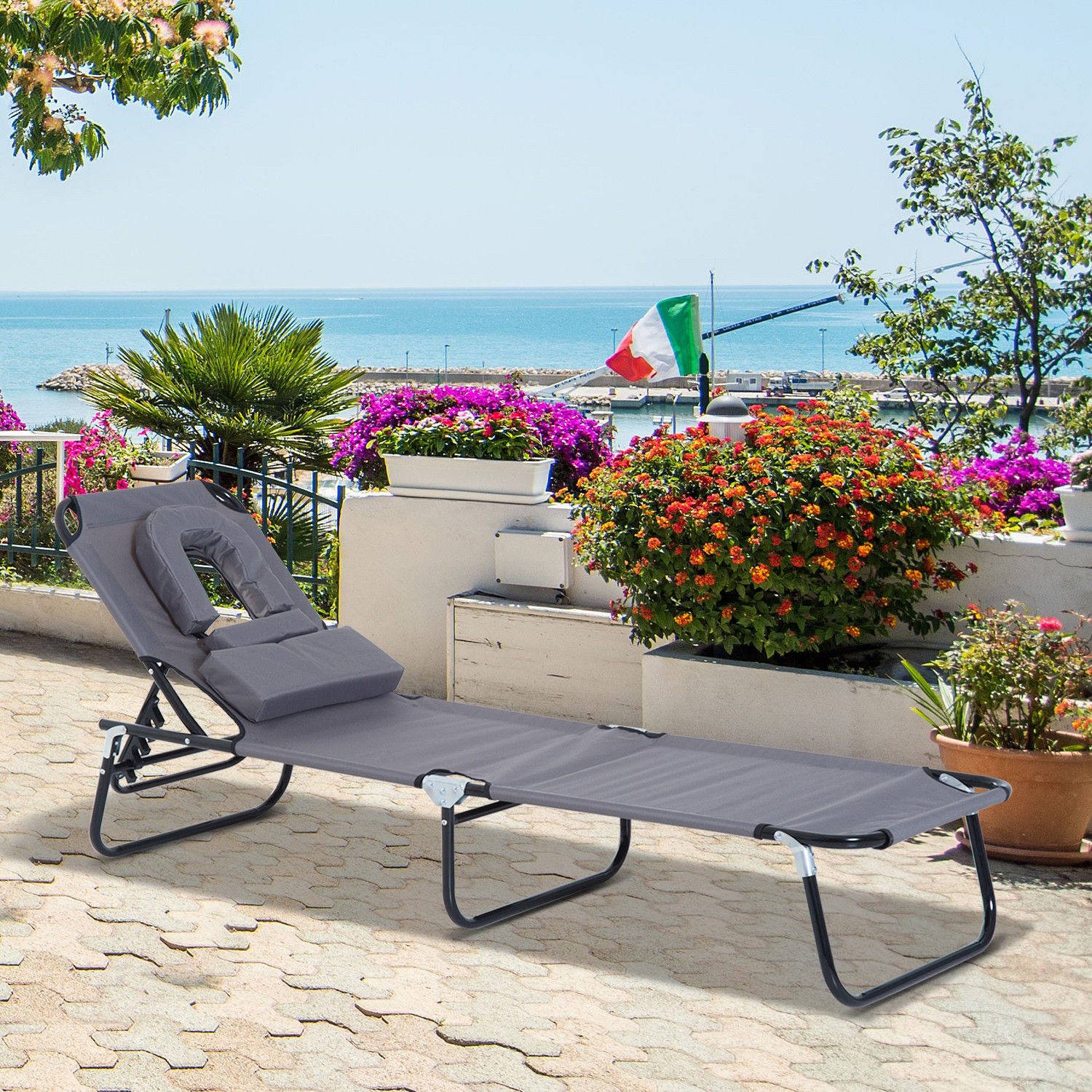 Outsunny Gartenliege Liegestuhl Gartenstuhl mit Kopfkissen verstellbar bis 120kg grau, Relaxliege, 1 St., Dreibeinliege, Grau L190 x B56 x H28 cm