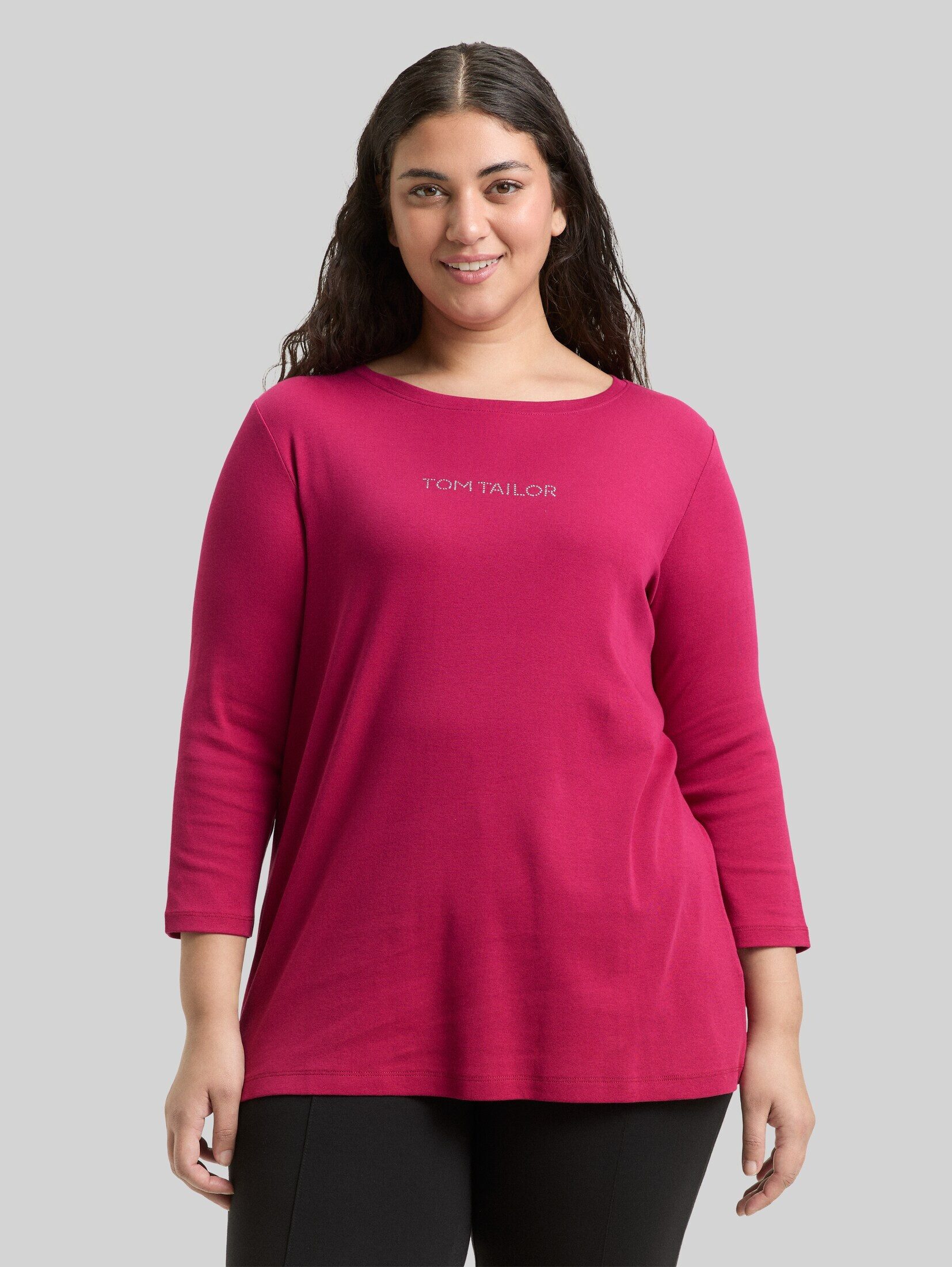 TOM TAILOR PLUS 3/4-Arm-Shirt T-Shirt Plus Size - Slim Fit Langarmshirt mit Glitzer-Logo