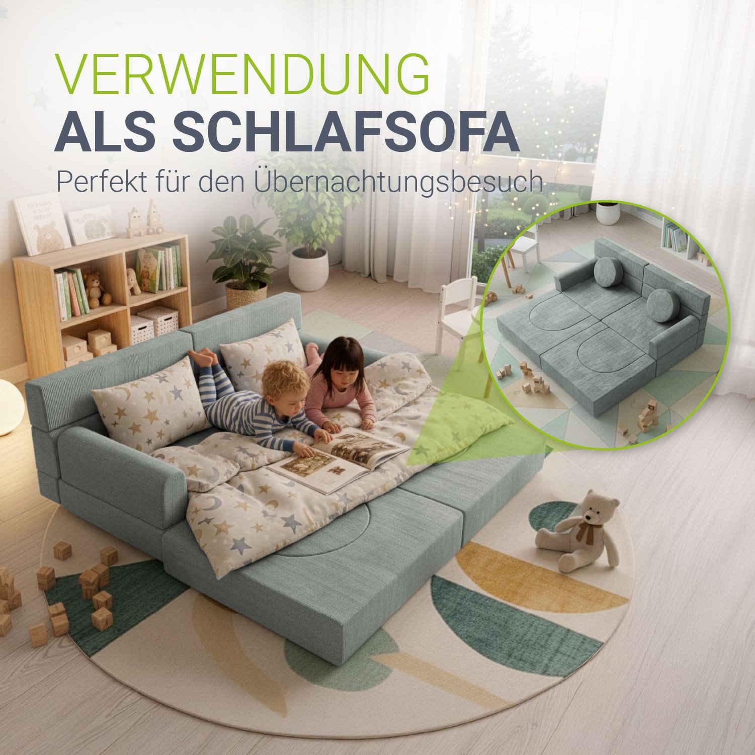 Juskys Kindersofa Kayo, 12 Teile, Modulares Spielsofa, Waschbare Cord-Bezüge, 12-teiliges Set mit Kissen