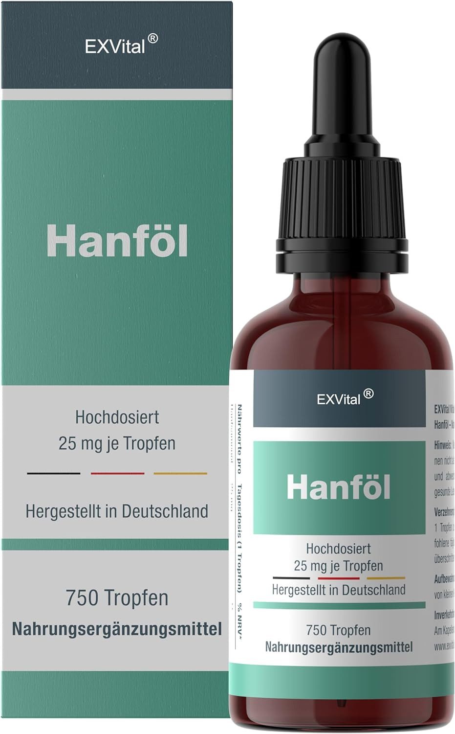 Hanfsamenöl 25mg mit Omega 3-6-9 Fettsäuren, kaltgepresst, 750 Tropfen Tropfen, 30 ml
