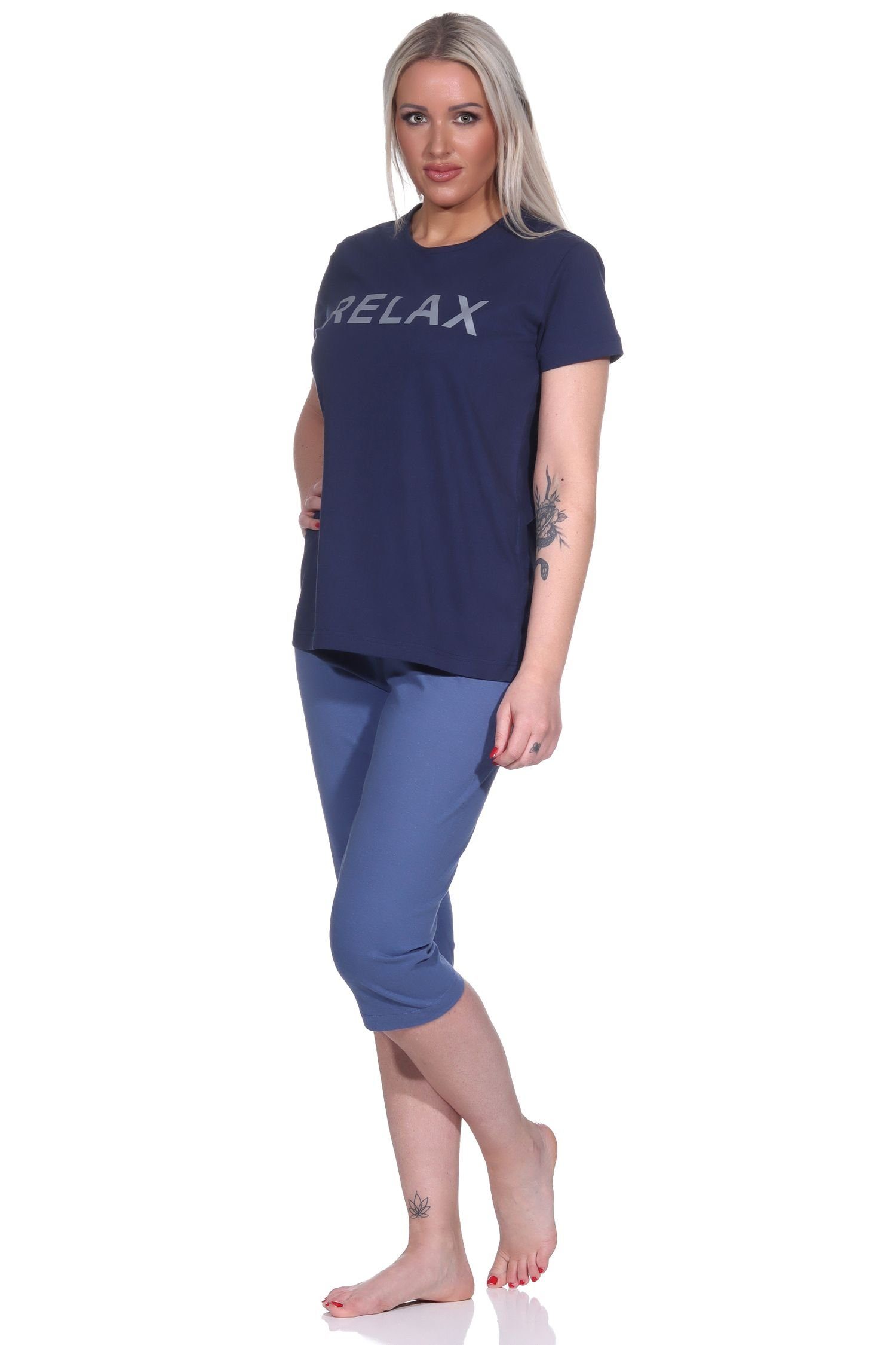kurzärmliger Damen dunkelblau Capri "RELAX" by RELAX Schlafanzug Normann Pyjama mit Capri-Hose Pyjama,