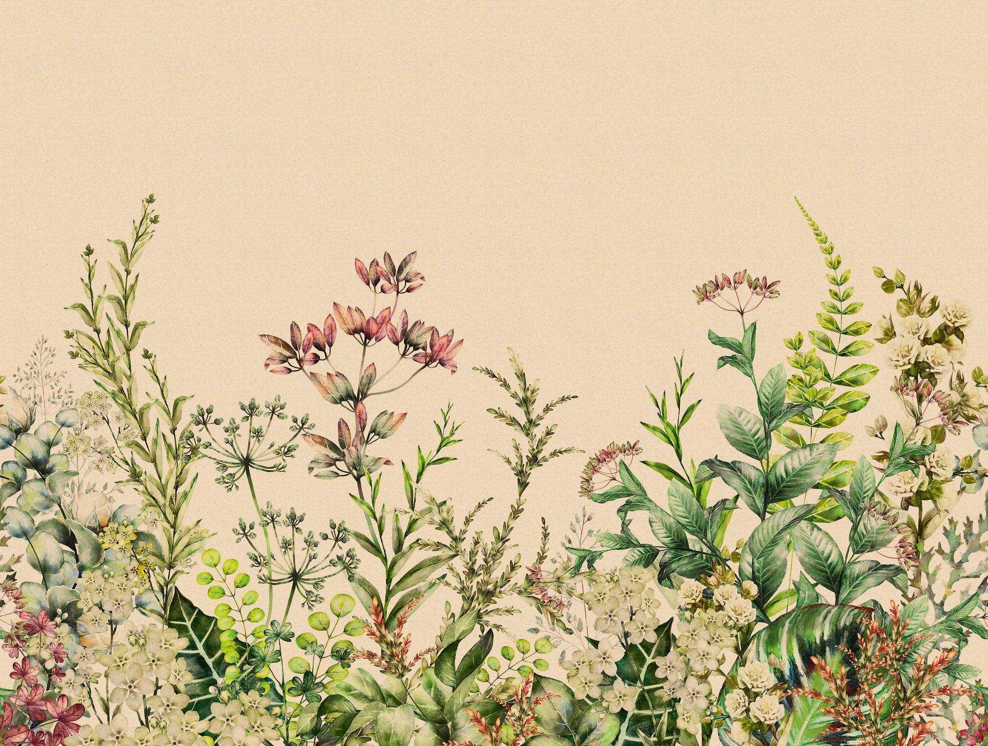 living walls Fototapete The Wall, glatt, botanisch, naturalistisch, natürlich, Fototapete Blume Tapete Dschungel Tapeten Wohnzimmer Flur Design Optik