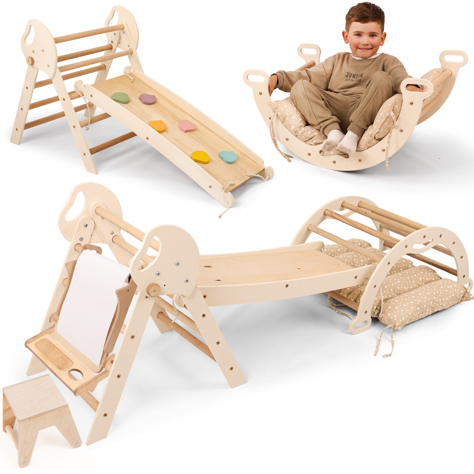 Goodevas Klettergerüst 5-in-1 Montessori Holz-Kletter-Set 5in1 für Kleinkinder 1-3 Jahre alt, (6-St., Montessori Holz-Kletter-Set 5in1 & Kunst-Set)