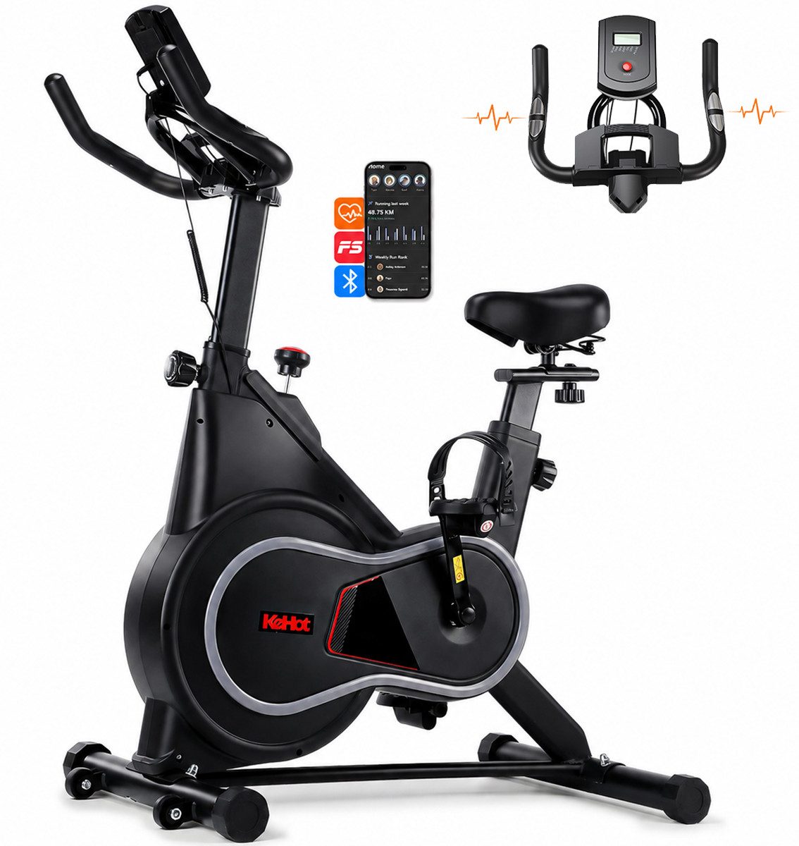kehot Heimtrainer Fahrrad für Zuhause mit App & leisem Indoor Cycling (4 kg Schwungrad & stufenlose Filzbremse bis 150 kg, LCD Monitor mit Puls, Distanz, Zeit & Kalorienanzeige), Stabiler Heimtrainer mit Studio Gefühl für Home Gym Training