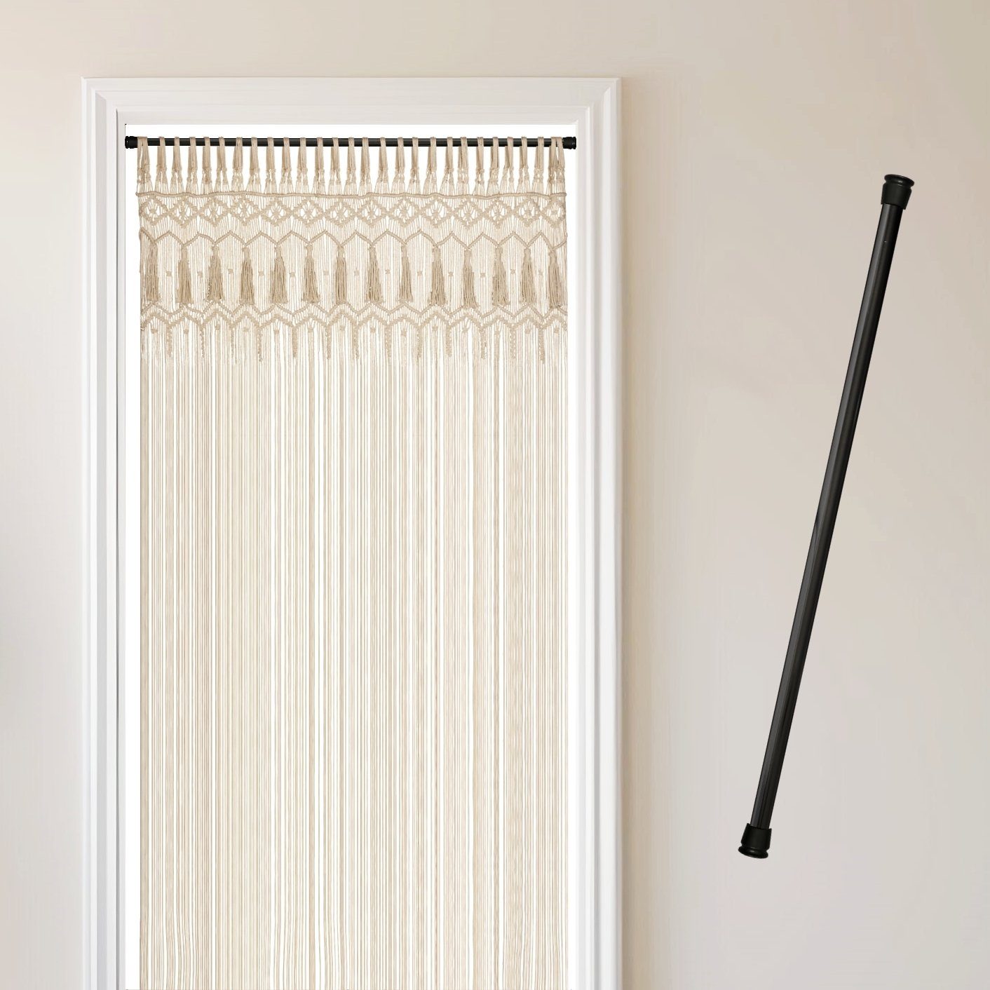 Cozyor Türvorhang Makramee 132 x 200 cm Boho Vorhang Fenstervorhang Raumteiler (1 St), Schlaufen, Baumwolle, mit Vorhangstange ohne Bohren beige, Wandteppich Wandbehang