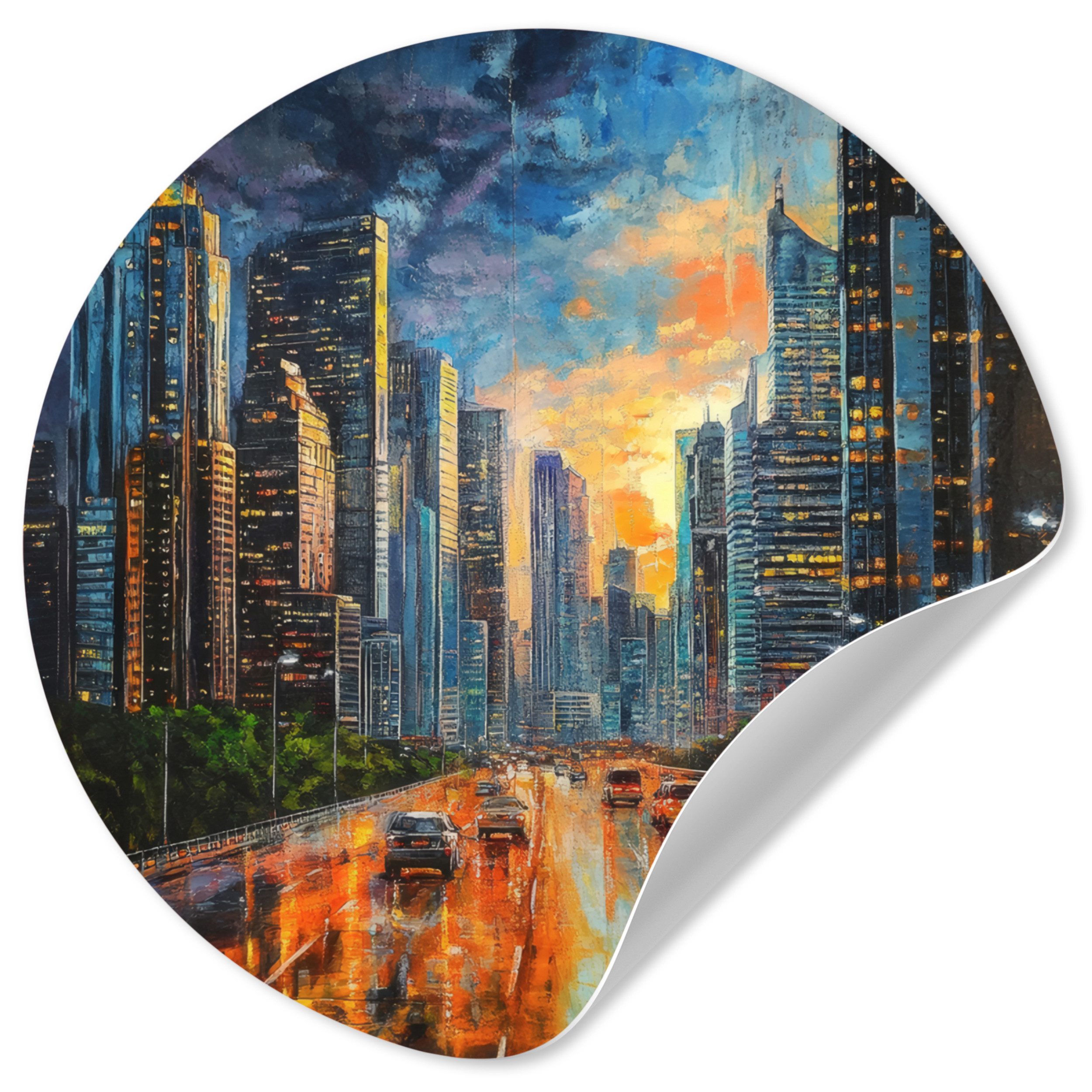 MuchoWow Wandsticker Auto - Skyline - Sonne - Blau (1 St), Wandtattoo Selbstklebend, Wohnzimmer Deko Aufkleber, 30x30 cm
