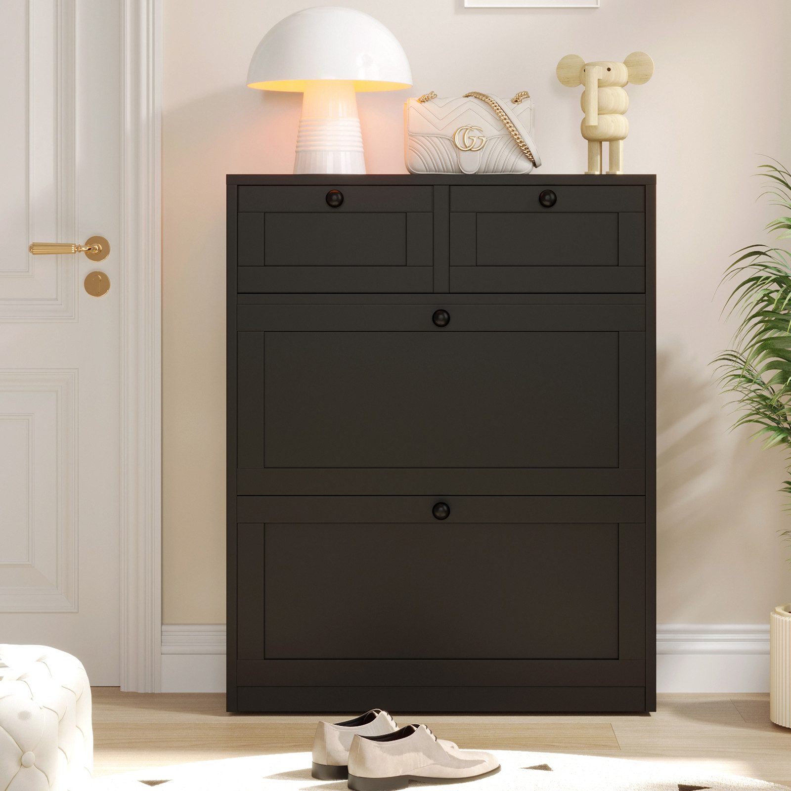 VOWNER Schuhschrank mit 2 Klappen, Schuhregal, 80 x 24 x 100 cm Schwarz – Bild 4 von 5