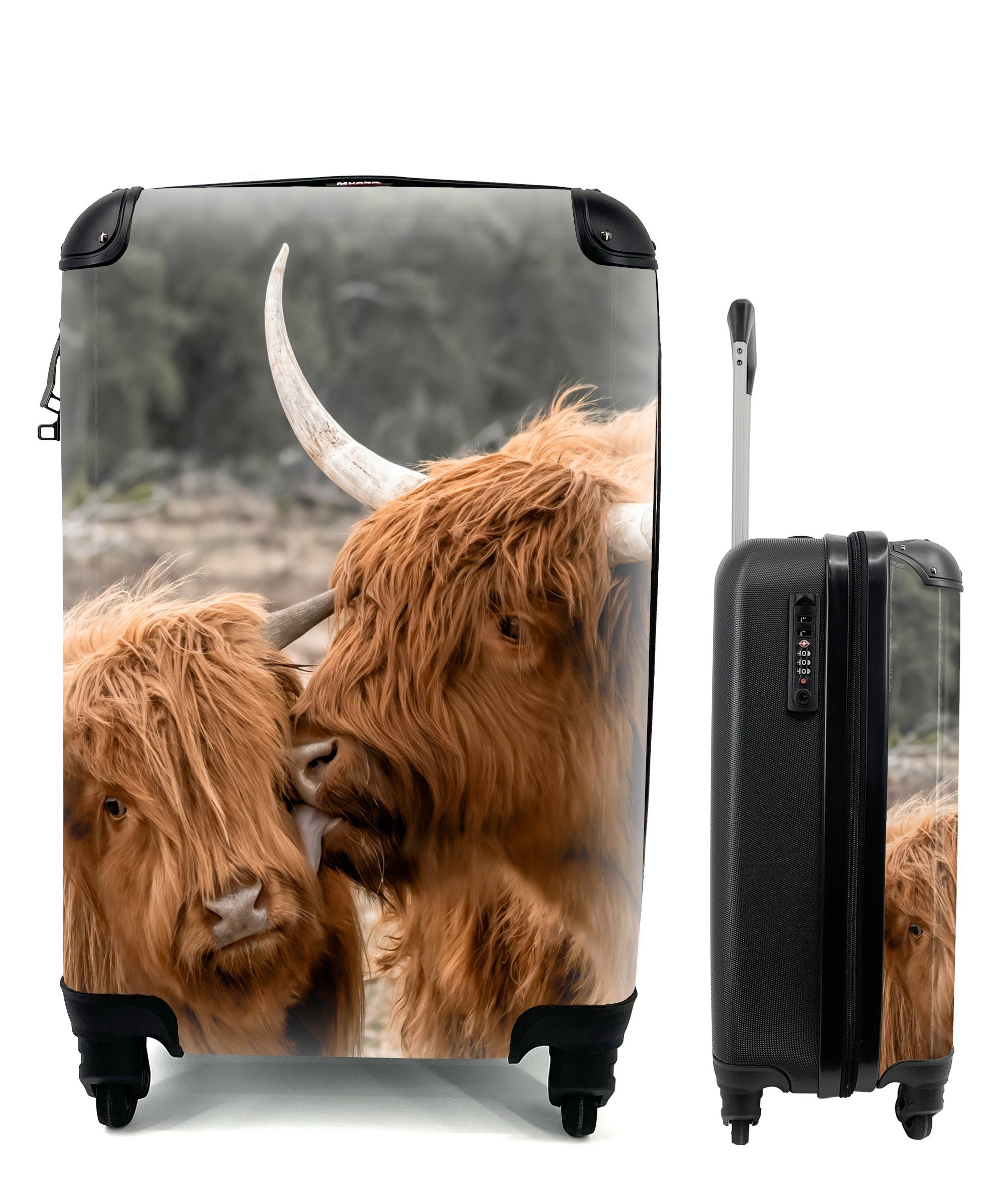 MuchoWow Handgepäckkoffer Schottische Highlander - Tiere - Liebe, 4 Rollen, Reisetasche mit rollen, Handgepäck für Ferien, Trolley, Reisekoffer