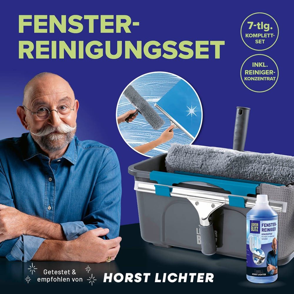 Lichterblitz Sprühwischer komplett, Fenster streifenfrei putzen, 7 tlg. (7-tlg) Inkl. Eimer, Abzieher, Wischer, Mikrofasertuch, Reinigungsmittel
