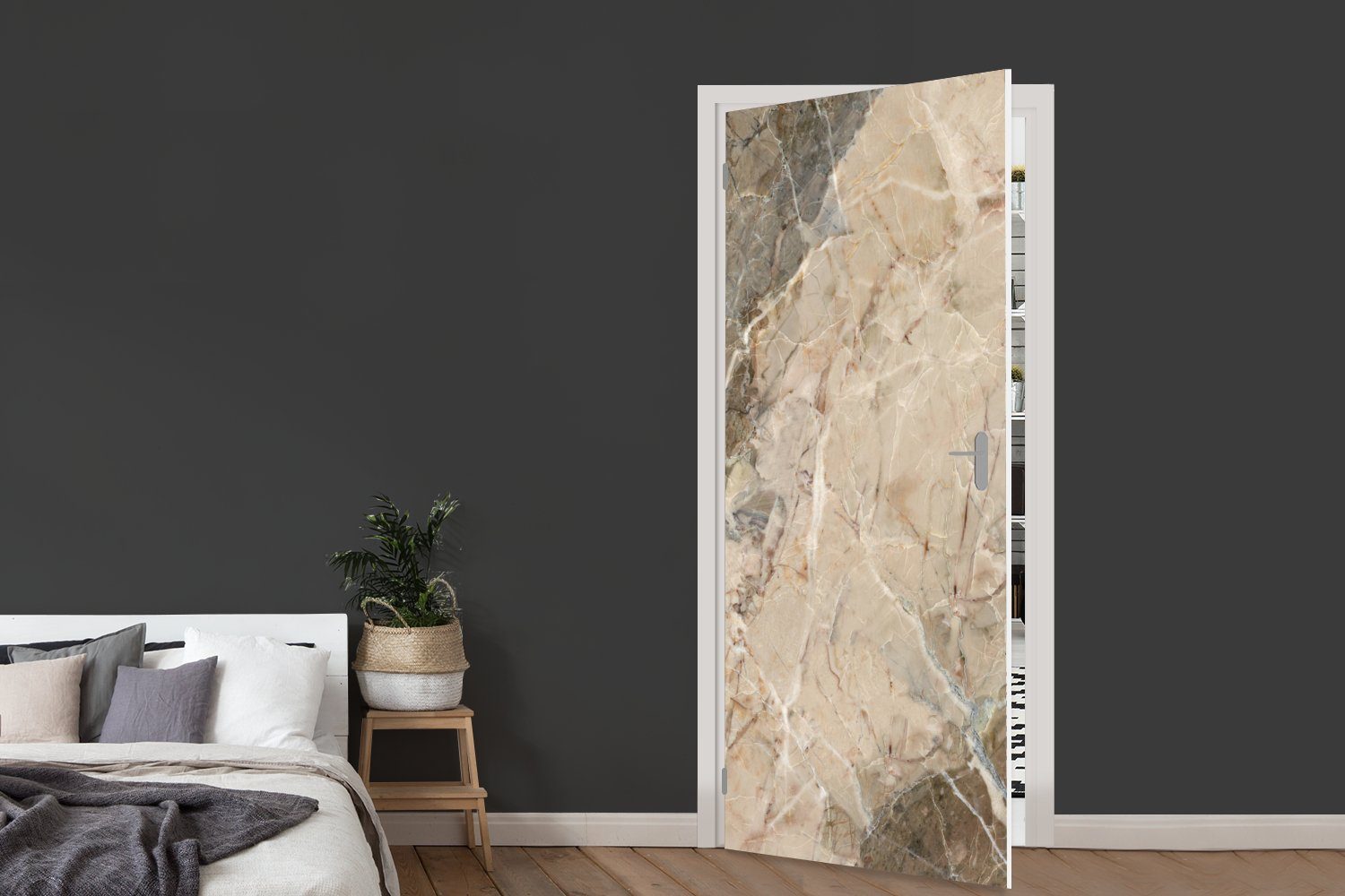 Türaufkleber, - Granit bedruckt, Fototapete Schwarz - Türtapete Matt, MuchoWow 75x205 Weiß für Tür, (1 St), Kristall, cm -