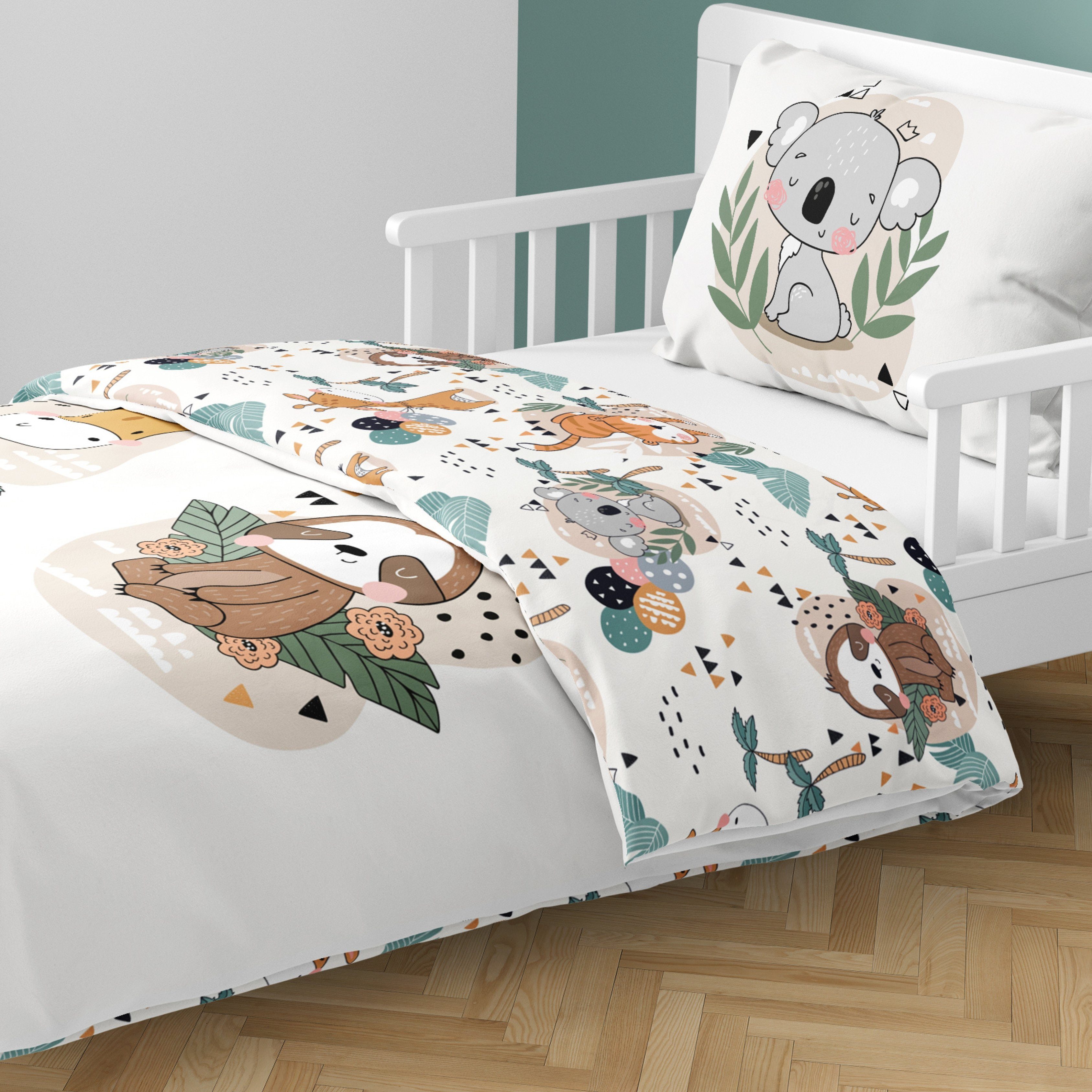 Babybettwäsche Tiere Koala Tiger Giraffe Faultier 100x135 + 40x60 cm, 100 % Baumwolle, MTOnlinehandel, Renforcé, 2 teilig, süße Kleinkinderbettwäsche mit Reißverschluss